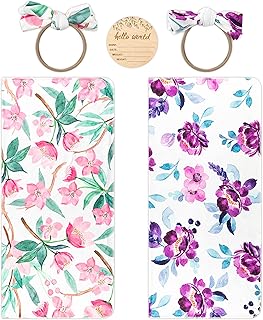 R HORSE Newborn Baby Swaddle Blankets Headband Sets Including 2 Pack of Swaddle Blanket & Headband Floral Pattern Receiving Blankets for Baby Shower Newborn Gift (0-3 Months)