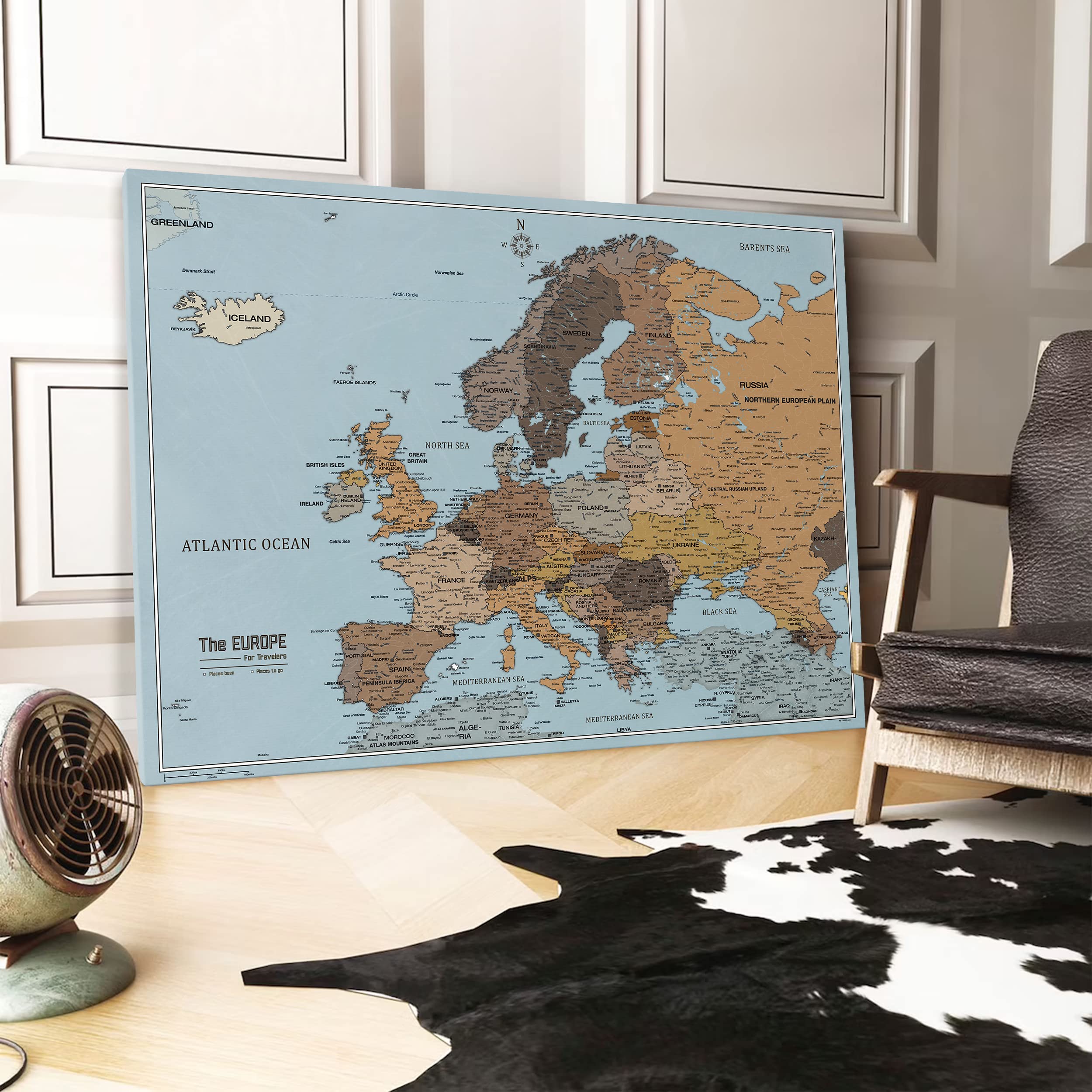 Canvas mapa Europy z korkiem pinboard do przypinania celów podróży - Dekoracja ścienna do każdego pomieszczenia - obrazy canvas z mapą Europy w różnych rozmiarach (85x60 cm, Entwurf 3)