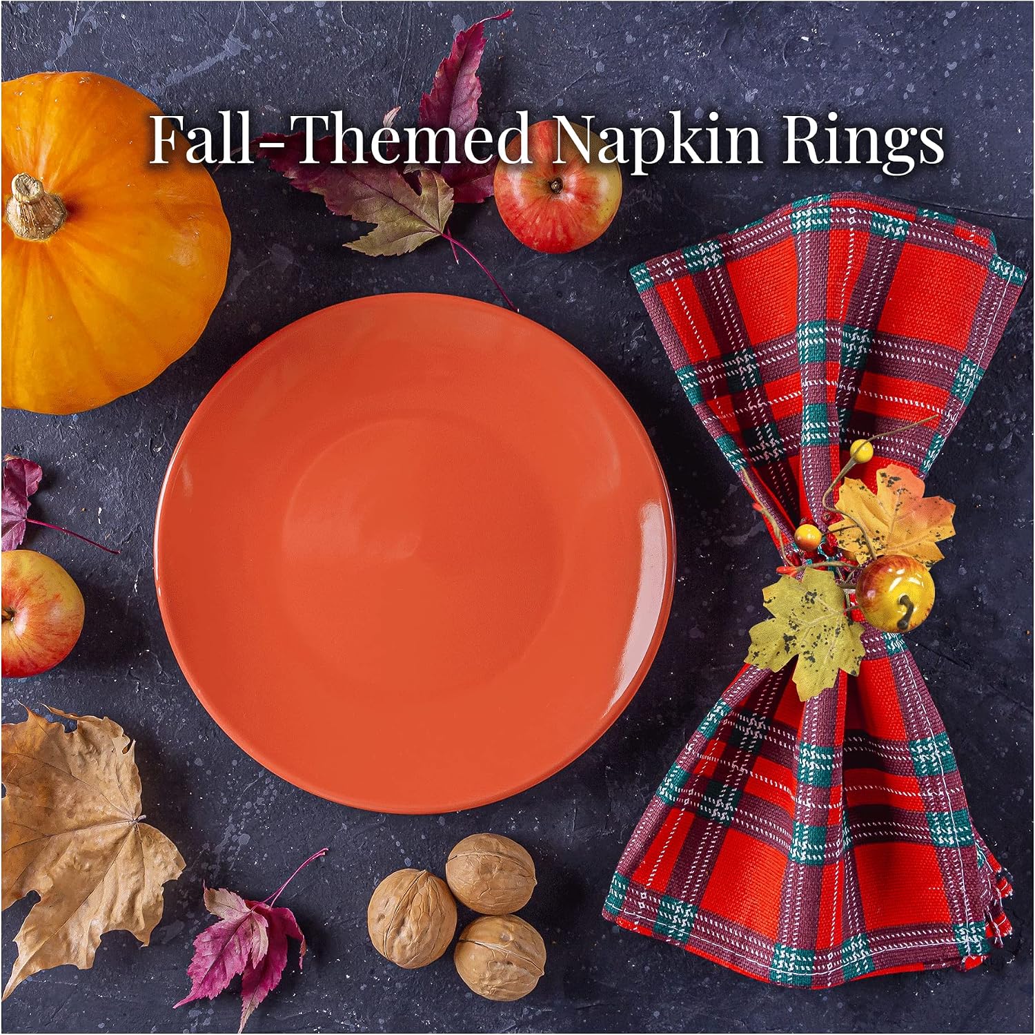 Angel Isabella Fall Themed Napkin Rings - Harvest Maple & Fruits Cloth Napkin Holder for Table Setting - Fall Banquet, Thanksgiving, Christmas or Wedding Table Decor (6pc, Apple)