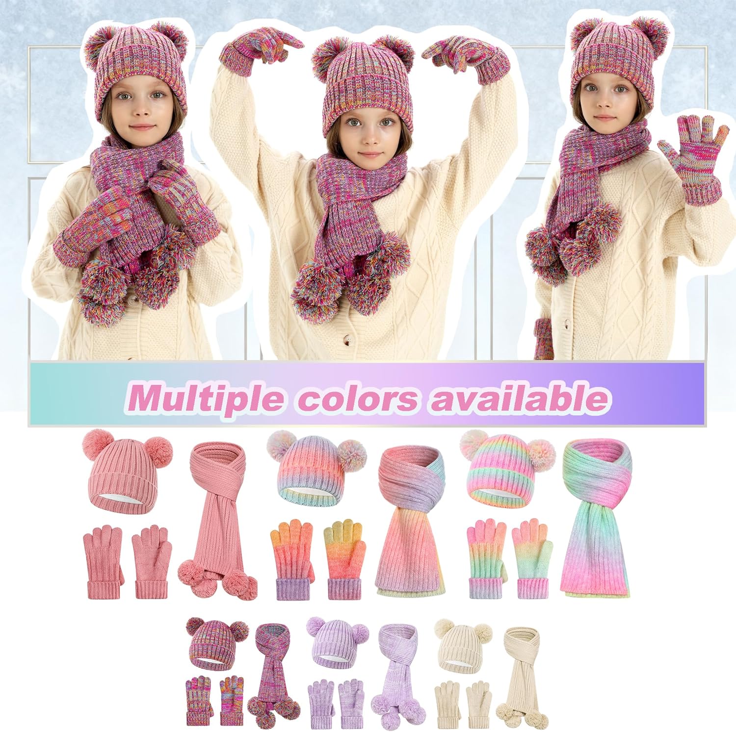 Kids Winter Hat Scarf Gloves Set, Girls Toddler Children's Beanie with PomPom Knit Hats Scarves Mittens for Christmas 2-15Y - Image 7