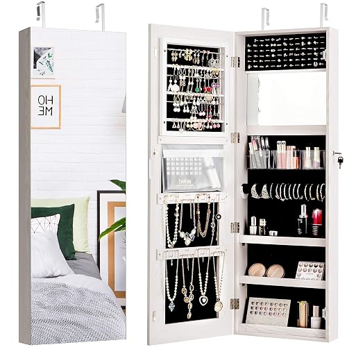 Giantex Jewelry Armoire Wall Door Mounted, Lockable Jewelry Cabinet with Full Length Mirror 47.2'', Large Storage Jewelry Organizer Box with Vanity Mirror (Grayish White)