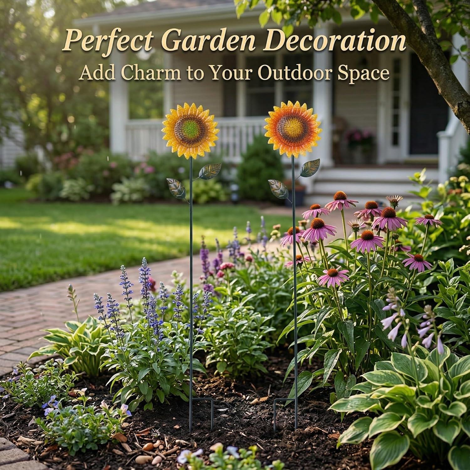 Metal Sunflower Garden Stakes Decor,2 Pack 39" Flower Garden Stake for Outdoor Home Garden Backyard Lawn Pathway Patio Sunflower Sticks Decor