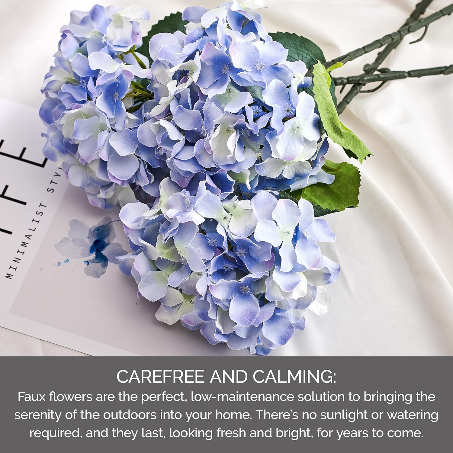 Mikasa Elements Artificial Blue Hydrangea Stems, 18 Inch Faux Silk Flowers for Vase Arrangements, Fake Flowers for Home Decor, Wedding, Living Room, and Office - Set of Realistic Bouquet Greenery