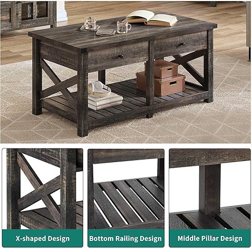 Miniatura 6 de YITAHOME Mesas de centro para sala de estar, mesa de centro de granja con almacenamiento, mesa de cóctel rústica de madera con 2 gabinetes, mesa