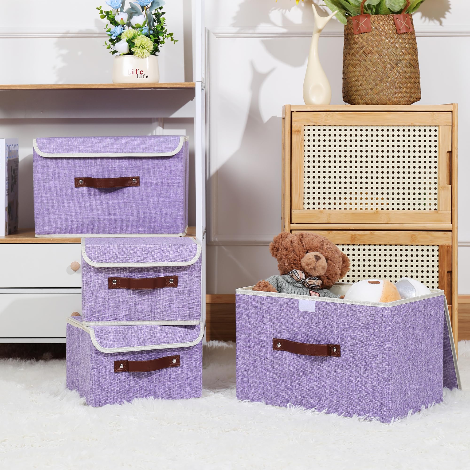 ANMINY Aufbewahrungsbox aus Stoff mit Deckel, Lila, 25,4 x 20,3 x 17,8 cm, 4 Stück | Erinnerungsspeicher, Baumwollleinen, PP-Platte verstärkt, waschbar, PU-Griffe, faltbar & stapelbar, dekorativ, klein
