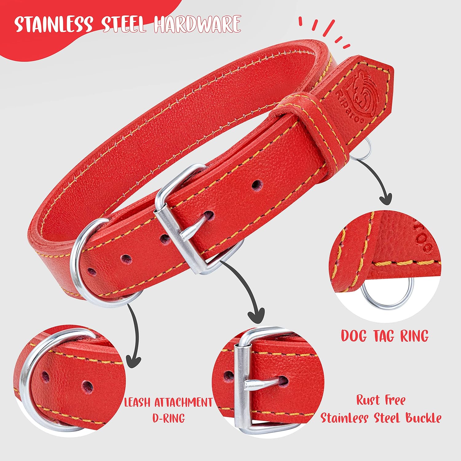 Riparo Dog Collar - Genuine Leather Dog Collars - Heavy Duty Dog Collars for Medium Large and Extra Large Dog Breeds (XXL: 1.75” Wide for 26” - 31” Neck, Red)