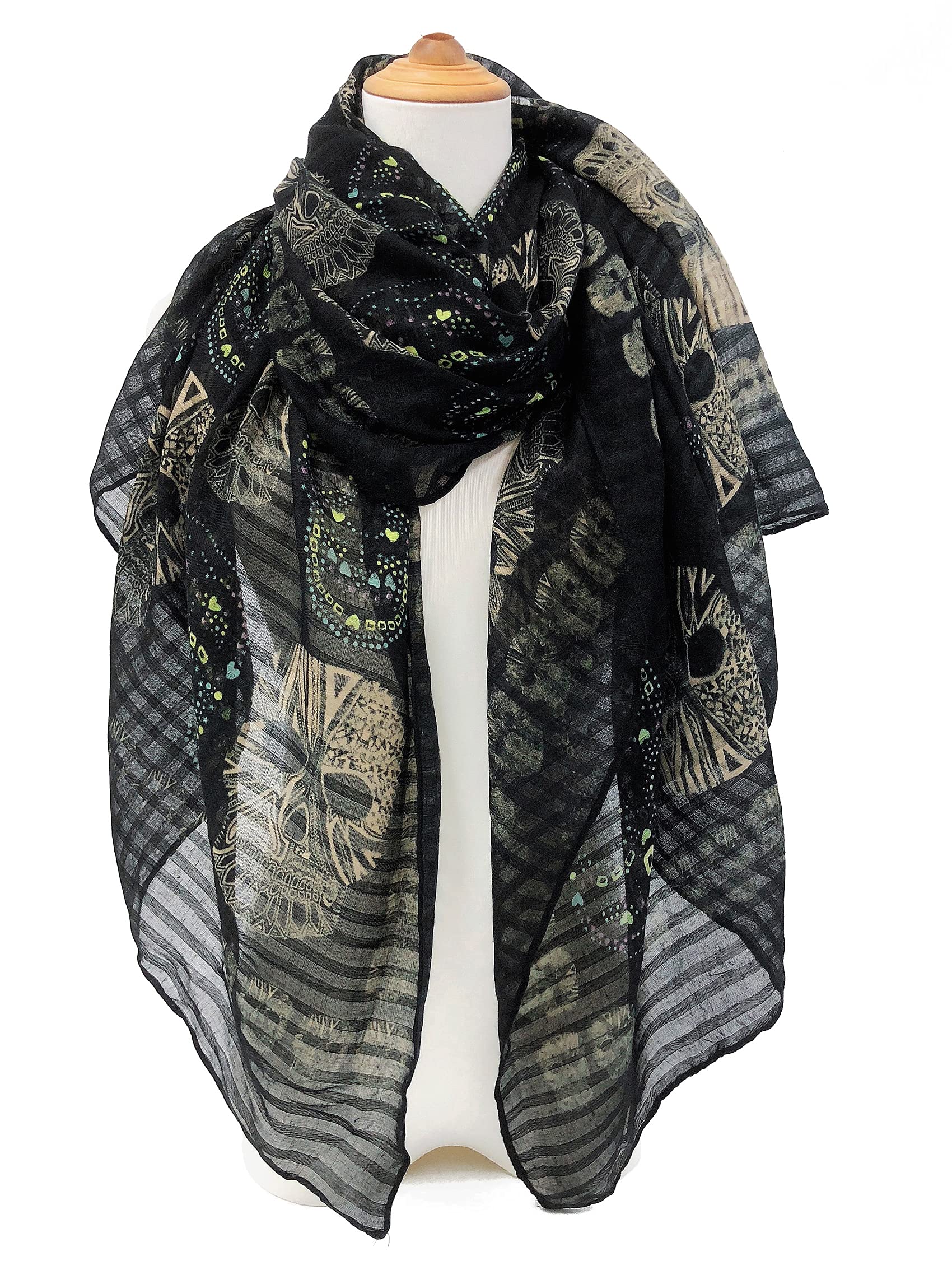 Bufandas de calavera geniales para mujer, chales grandes, bufandas de algodón ligeras, accesorio de primavera para Calavera, Negro - 6