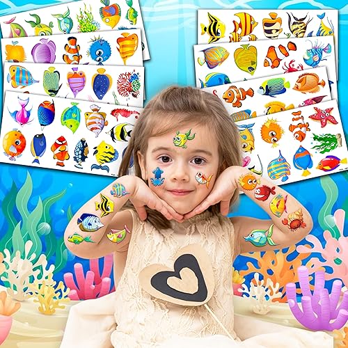 Miniatura 2 de 96 piezas de tatuajes temporales de peces tropicales con temática oceánica para decoración de fiesta de cumpleaños, suministros de decoración,