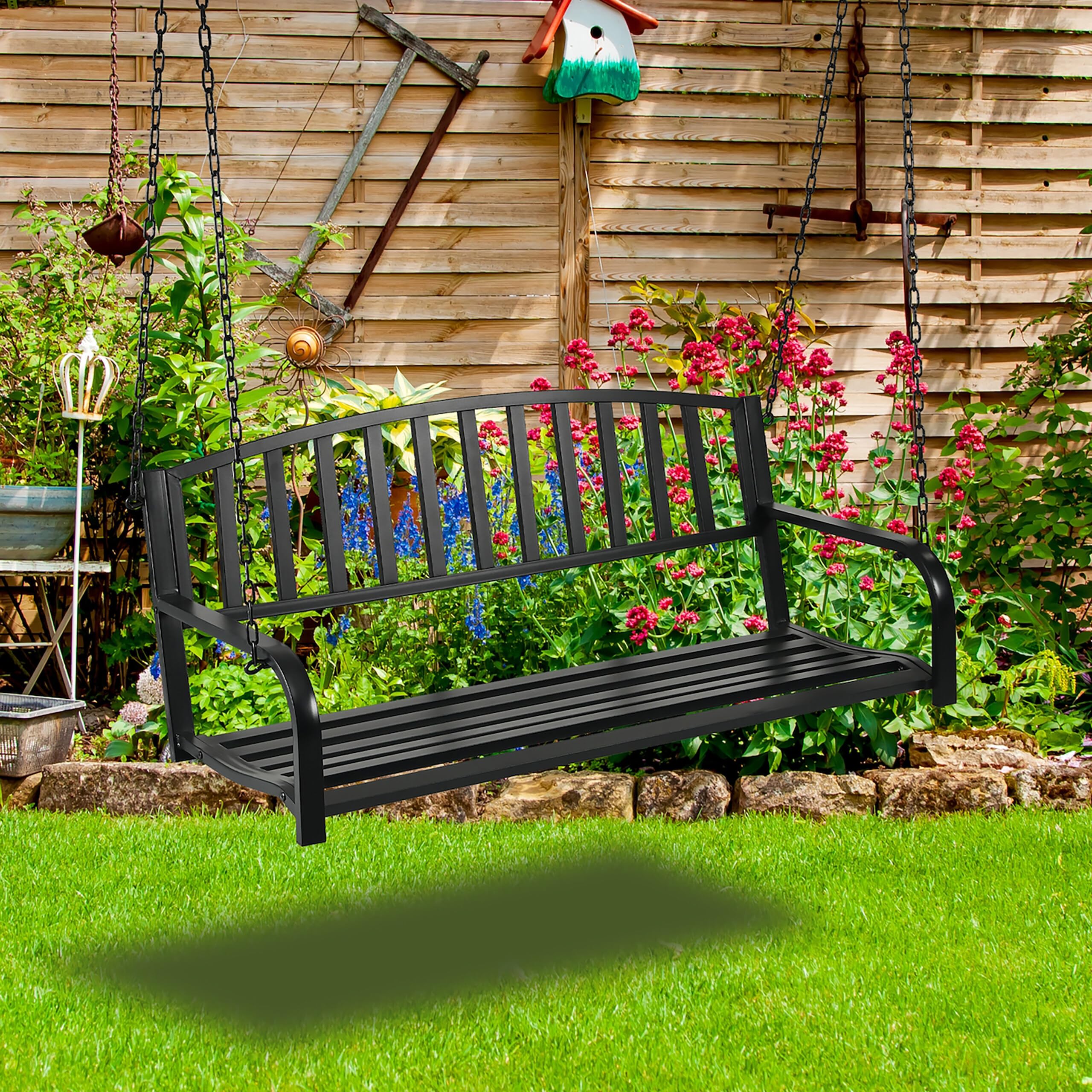 Banco Colgante Relaxdays, 2 plazas, Acero, Hierro Fundido, HxBxT: 197 x 133 x 58 cm, Columpio Exterior, Color Negro