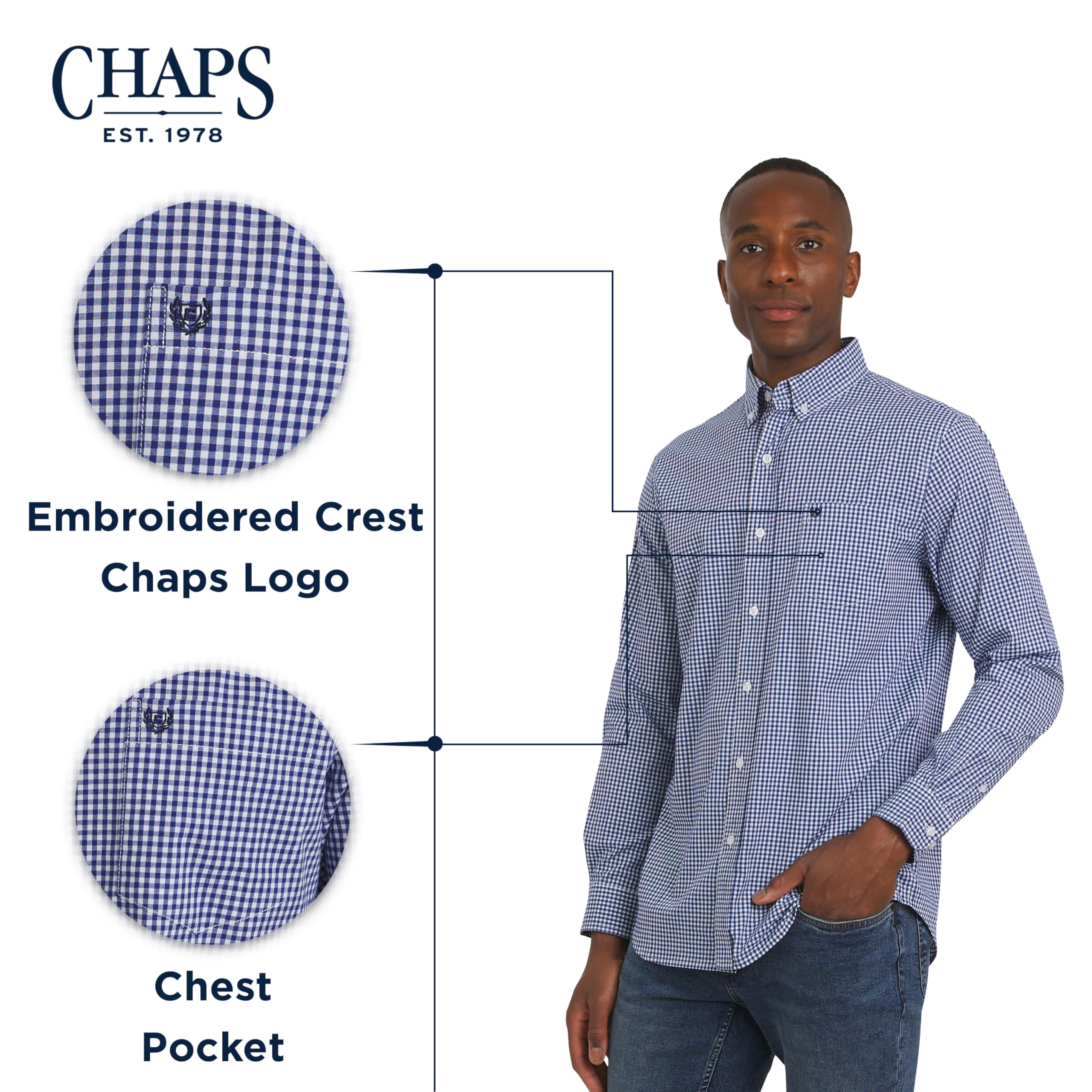 Chaps Herren Classic Fit Long Sleeve Button Down Stretch Poplin Casual Shirt Klassische Passform, langärmelig, Knopfleiste, Stretch-Popeline, Freizeithemd (1er Pack)