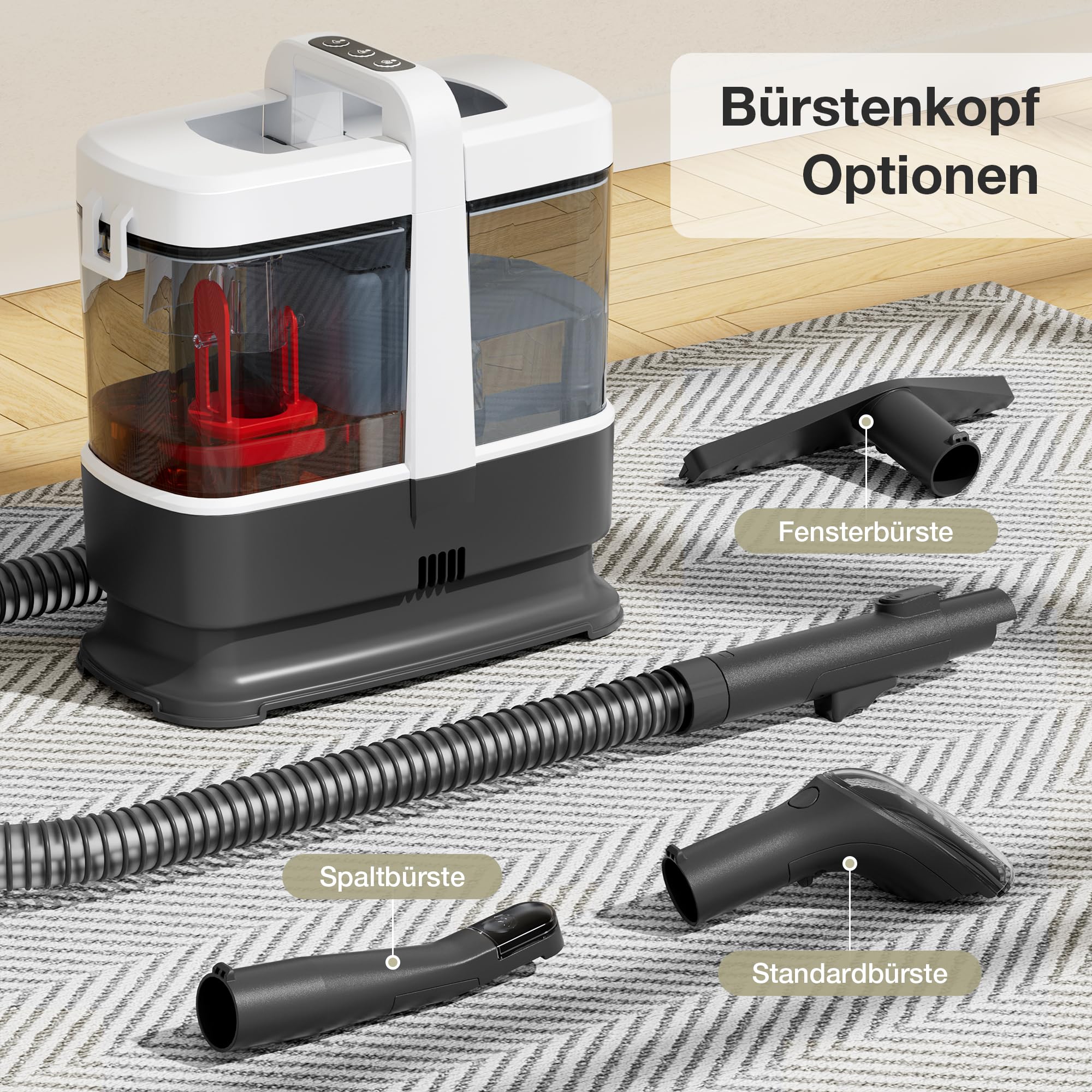 Polsterreiniger Nasssauger Waschsauger, 20KPa Dampfreiniger mit 1,7L Wassertank, Teppichreiniger Fleckenentferner für Sofa, Polstermöbel, Auto, Vorhänge und Haustierflecken