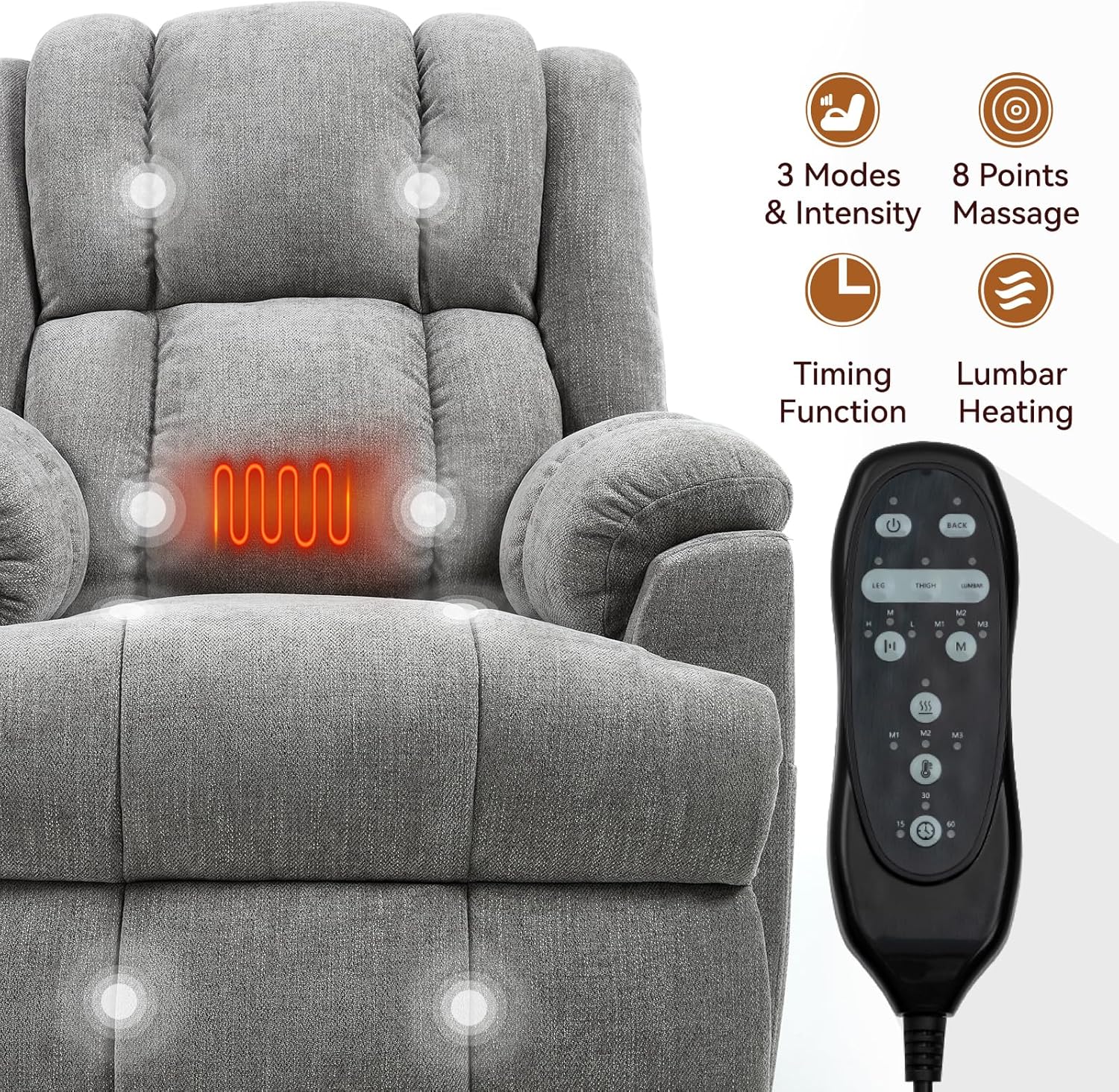 PELUMY Power Lift Recliner Chair for Elderly Heavy Duty 350 lbs Capacity - Dual Motor Electric Massage and Heat Recliner with Remote, Infinite Position, Easy Assembly (Light Grey)