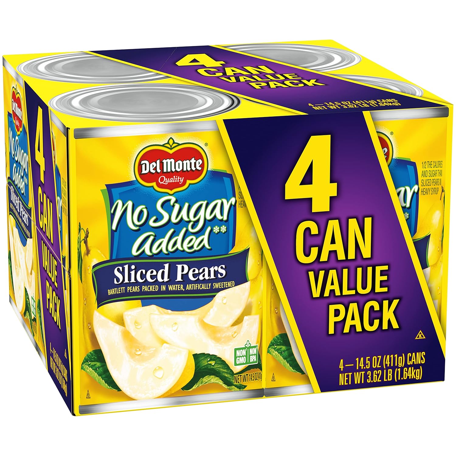 Del Monte No Sugar Added Sliced Bartlett Pears, Canned Fruit, 4 Pack, 14.5 oz Cans, Yellow