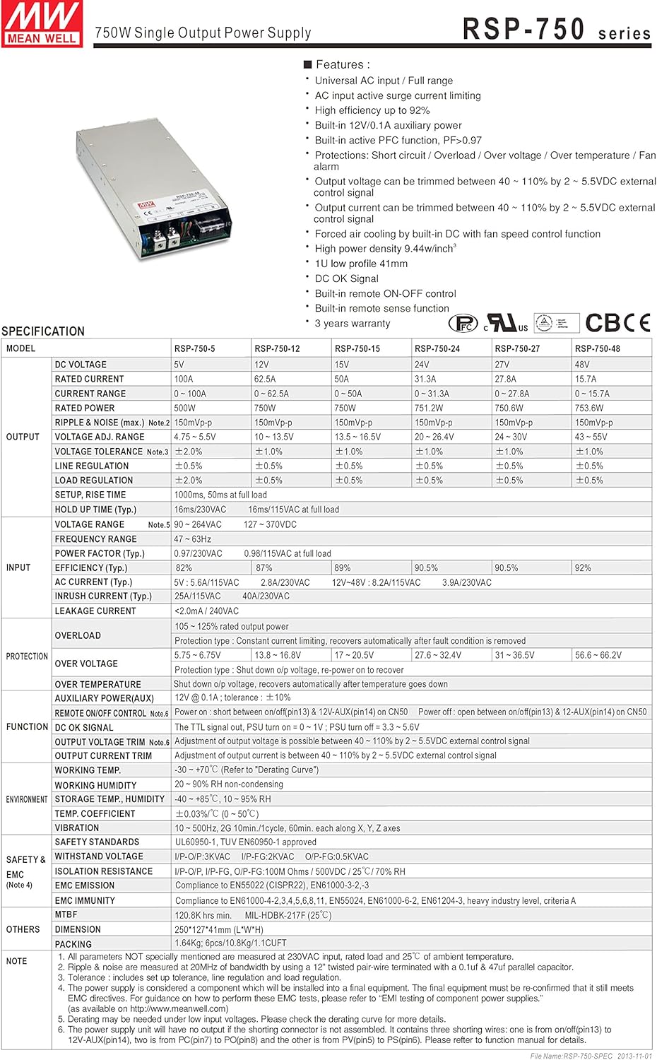 Mean Well RSP-750 Series Specifications Table
