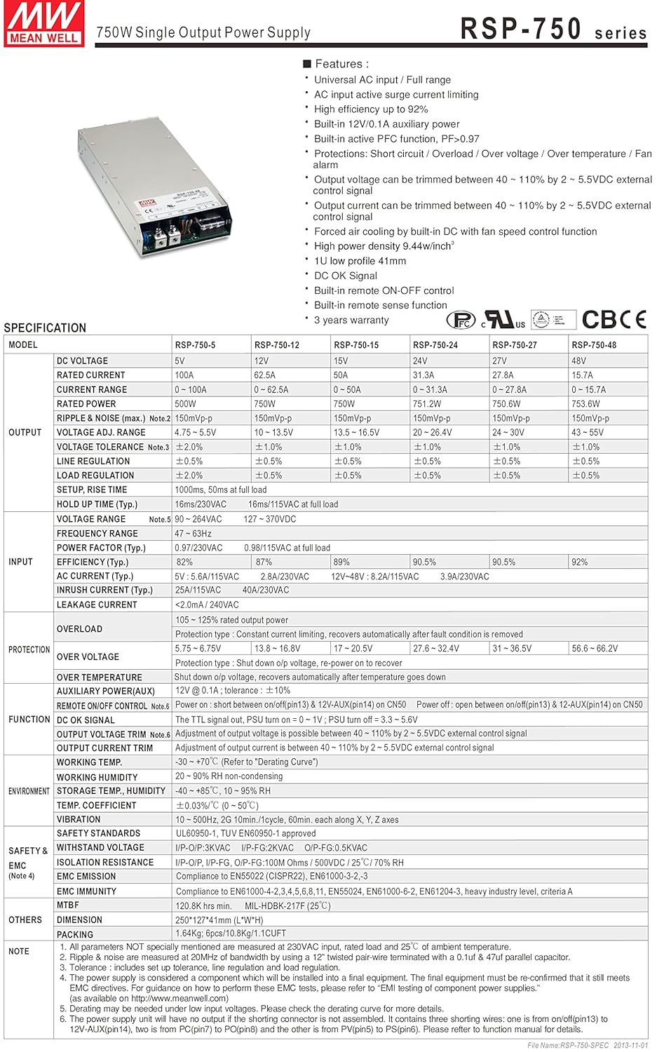 MEAN WELL RSP-750-48 AC to DC Switching Enclosed Power Supply with PFC Function, 48 Volt, 15.7 Amp, 753.6 Watt