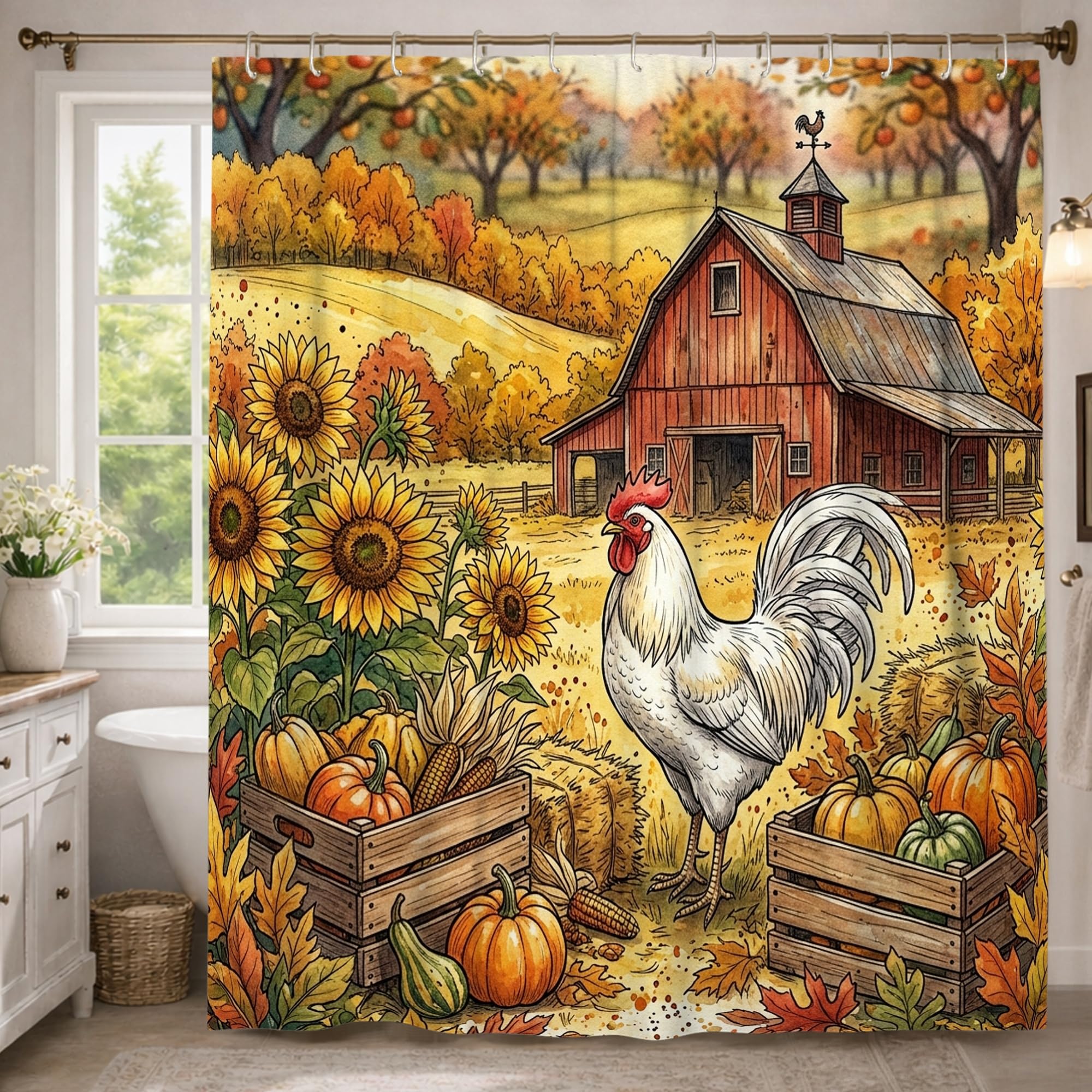 Rideau de douche coq et tournesols 183x243 cm en polyester imperméable d'automne