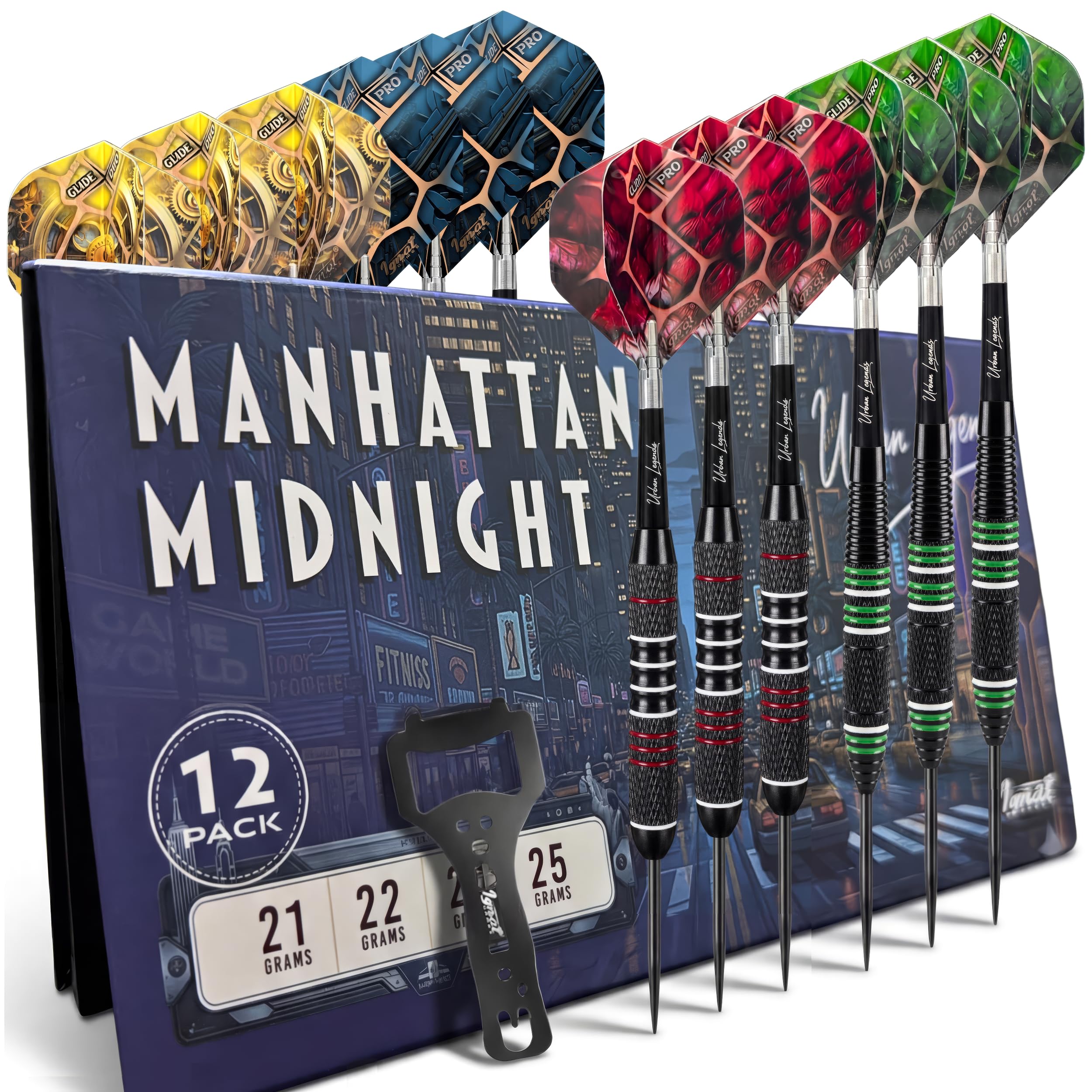 IgnatGames Darts Metal Tip Set - 12 Pack Steel Tip Darts with 32 GlideXPro Flights, Multi-Zone Barrel Grips, 1.4" Aluminum Shafts, Magnetic Gift Box, and Accessories, Urban Legends Edition