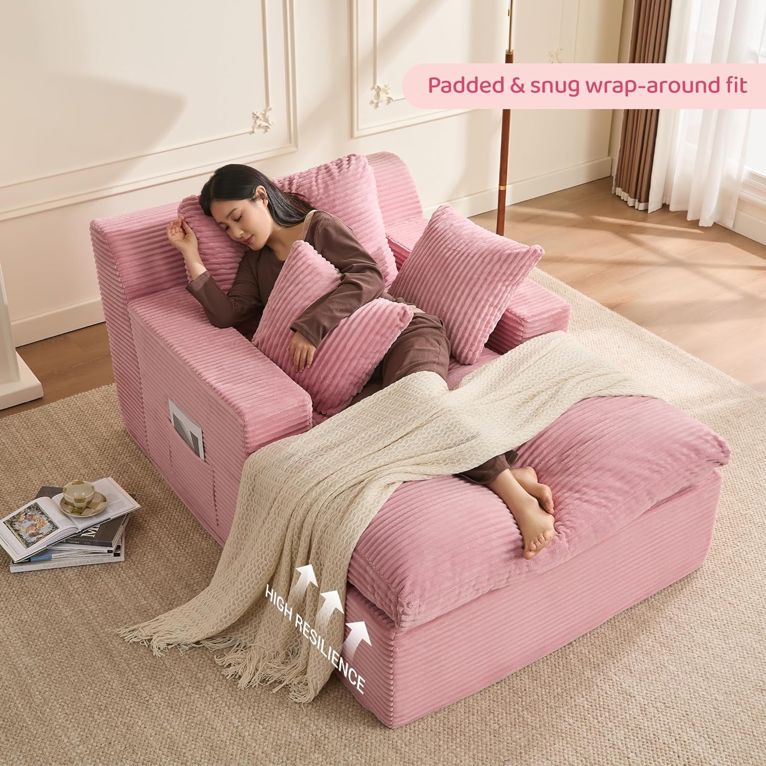 Afuson 63" Chaise Lounge Chair Indoor, Set of Convertible Sleeper Sofa Couch with Throw Pillows & Side Pockets, Corduroy Upholstered Oversized Sofa Bed with Armrests for Living Room Bedroom, Pink