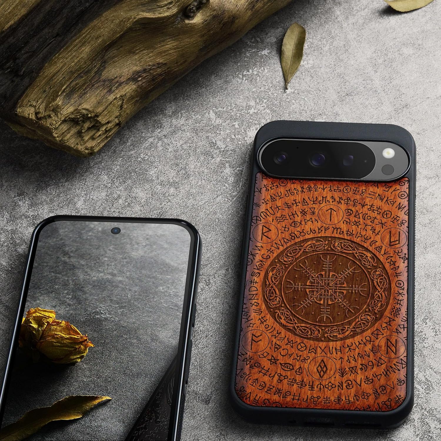 Carveit Magnetic Wooden Case for Google Pixel 9 Pro XL Case, Wood Artisan Engraved & Soft TPU Shockproof Cover, Compatible with MagSafe Wireless Chargers (Viking Symbol) Rosy