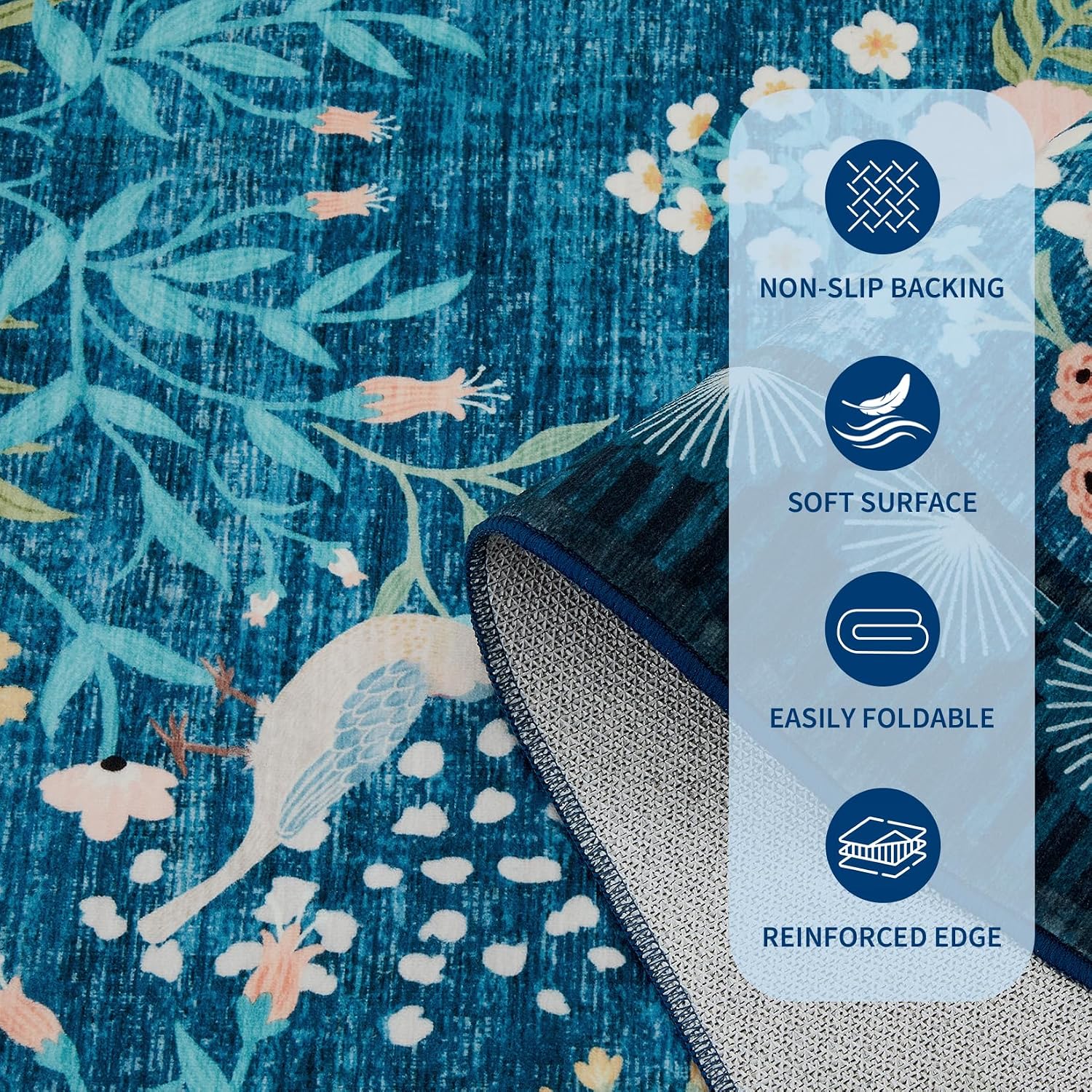Garvee Vintage Floral Living Room Rugs 10x13, Soft Non Slip Area Rug for Bedroom, Botanical Low Pile Large Dining Room Rugs Stain Resistant Ultra Thin Home Decor Rug for Office Apartment, Blue Teal