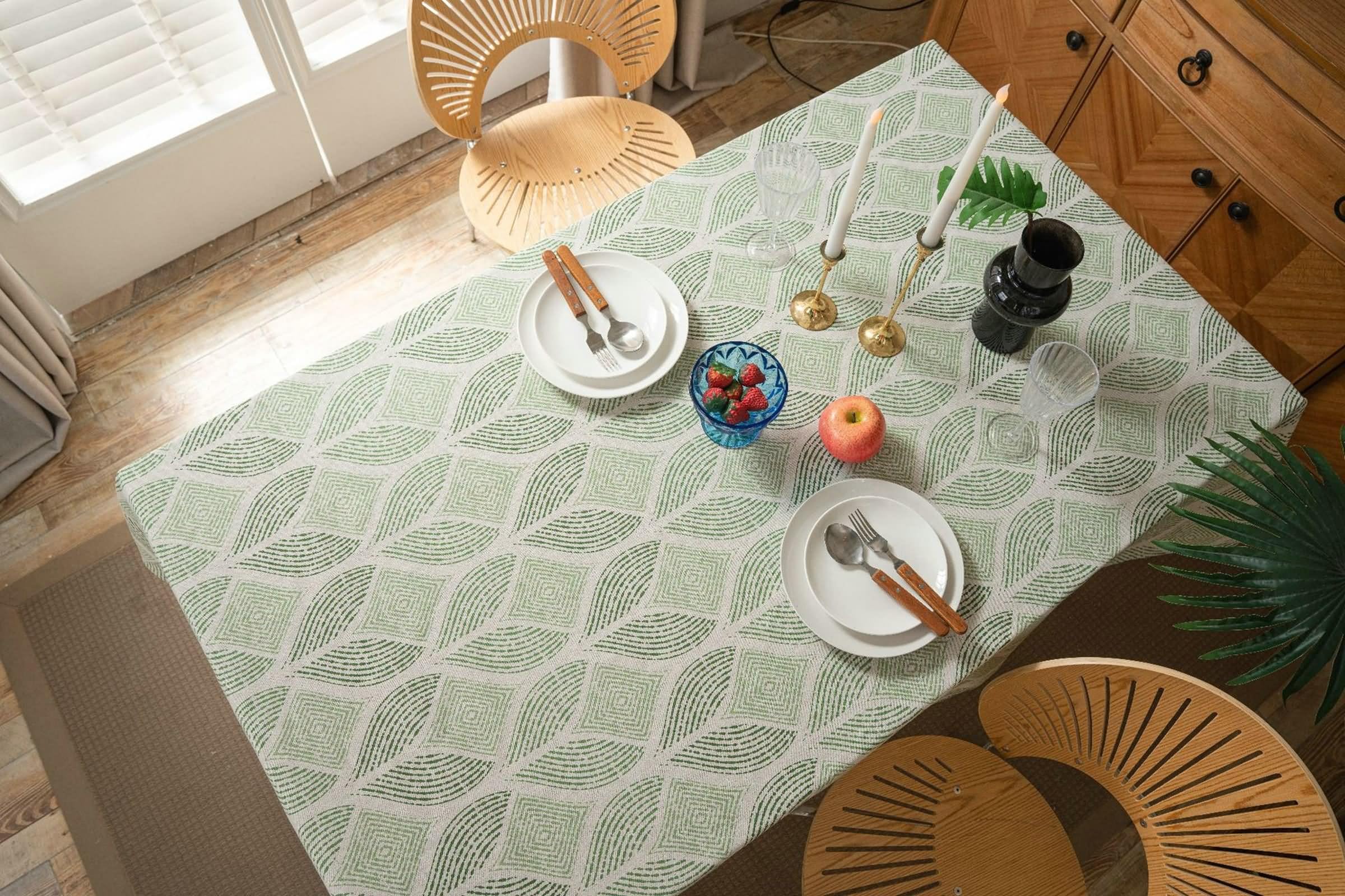 Tovaglia Verde, Tovaglia Tavolo Moderna 140x200cm Foglie Stampate Cotone Lino per Vacanze, Feste, Decorazioni