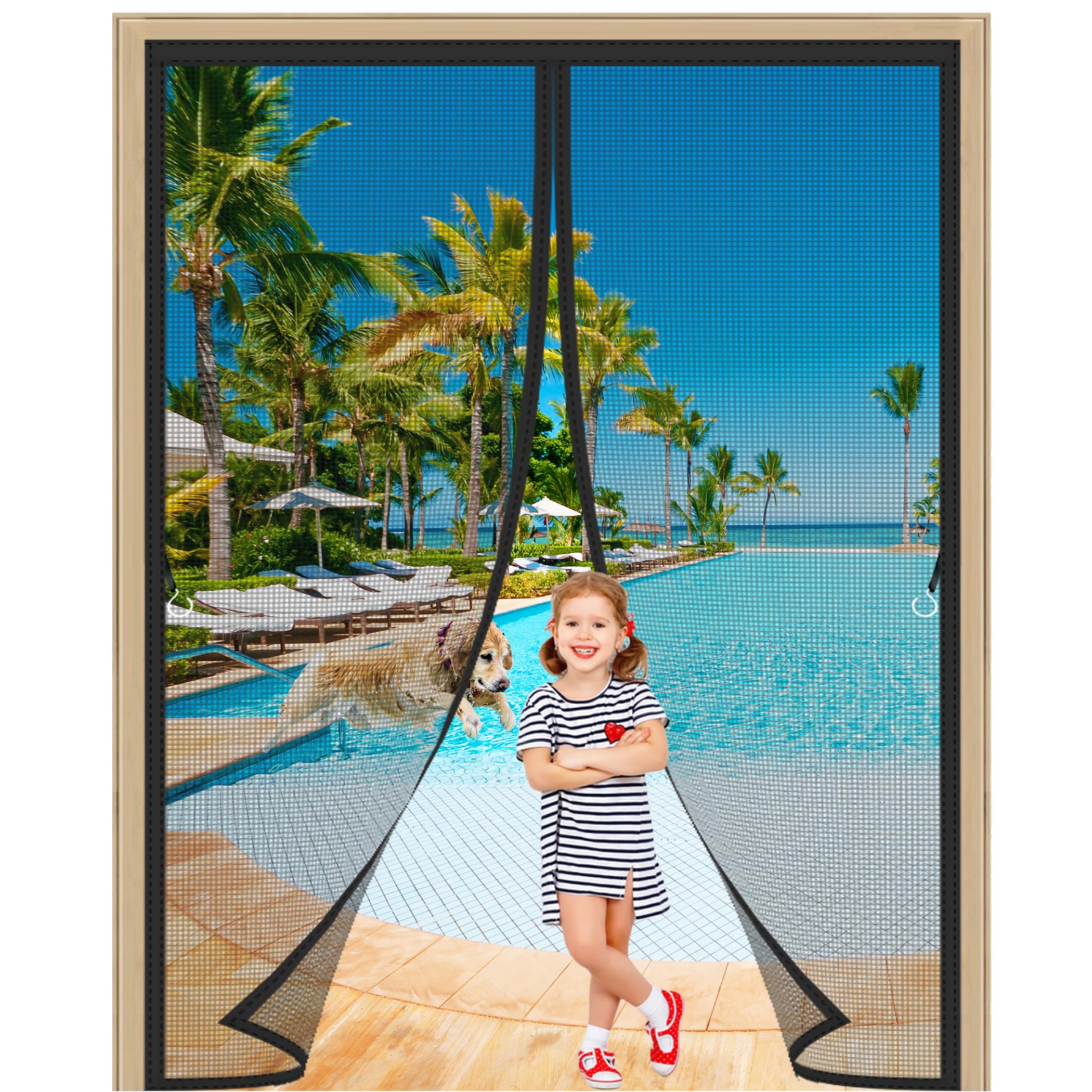 Hxuhui Black Fly Screen Door Curtain 210X180cm Automatic Closing Magnetic Curtain Double Mesh Anti-Tearing Insect Fly Mesh For Front Patio Sliding Door Bedroom