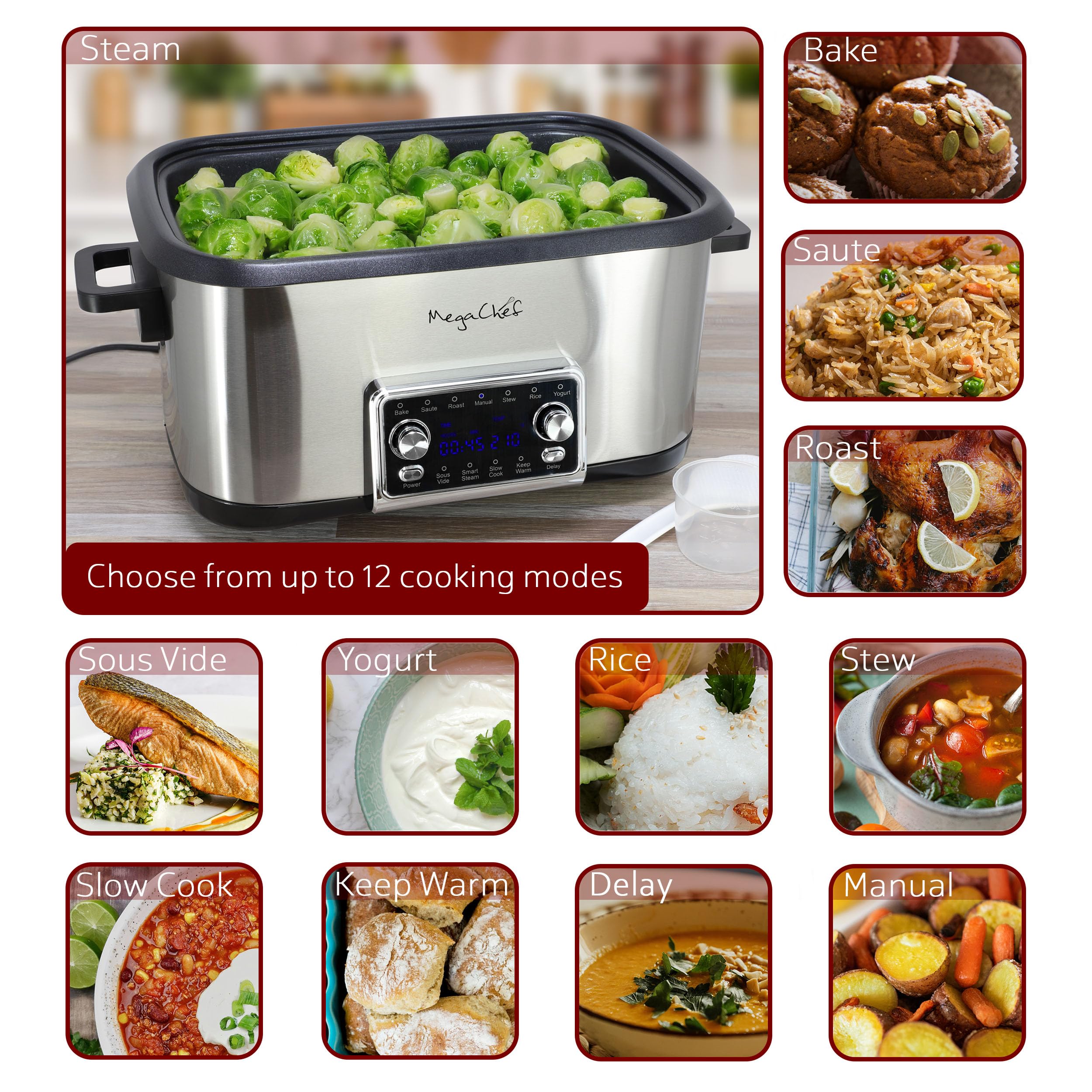 MegaChef Deluxe - Multicocina programable 12 en 1 de 8 cuartos con Sous Vide y multifunción, pantalla digital, temperatura y tiempo ajustables, olla extraíble, tapa de vidrio templado