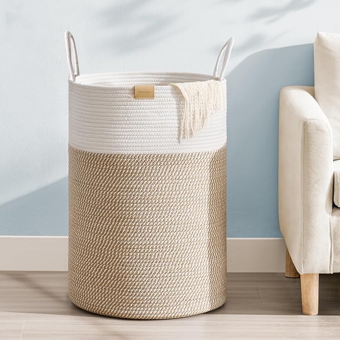 Laundry Hamper 95L,Large Laundry Basket for Clothes,Decorative Storage Basket for Blankets,Cotton Rope Woven basket for bedroom,Brown White