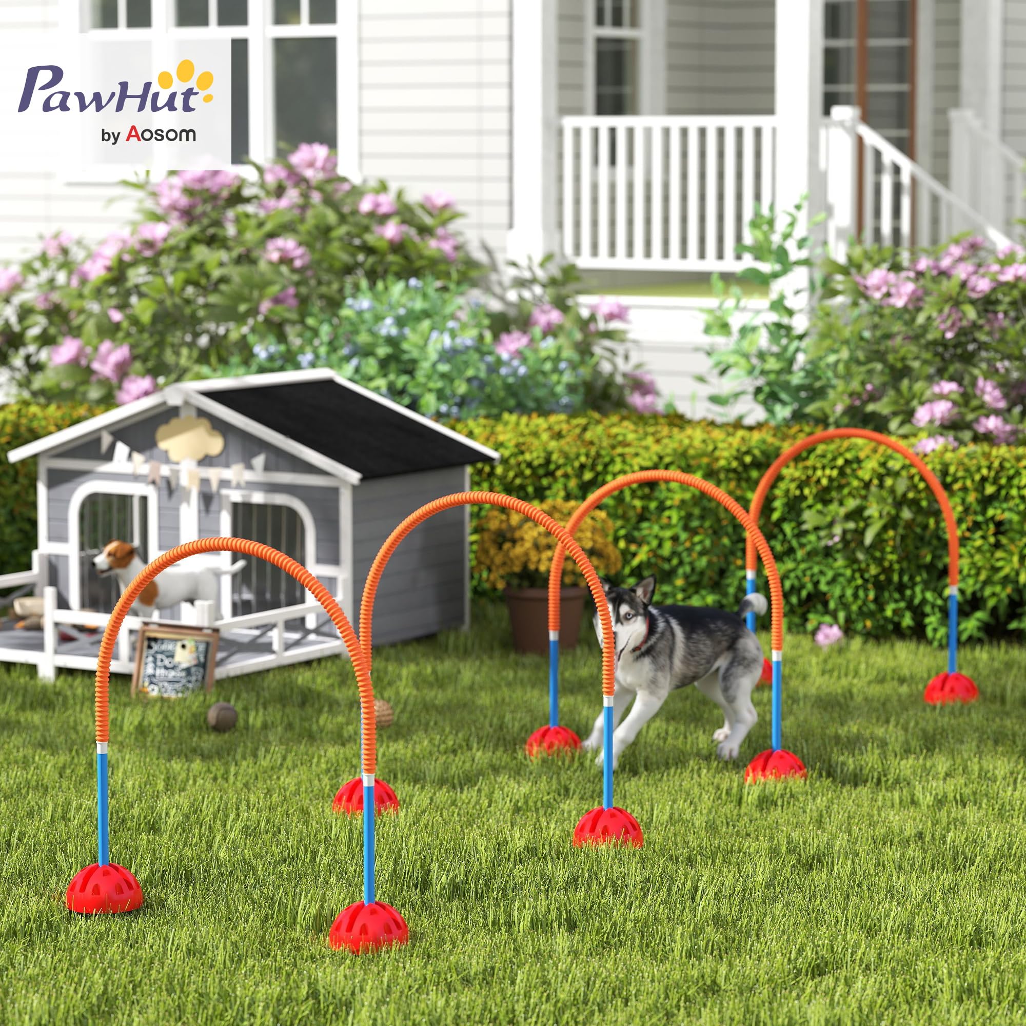 PawHut Agility zestaw dla psów, 5-częściowy zestaw z możliwością napełniania, wyposażenie zwinnościowe do treningu psa, zestaw płotek wtykowych z regulowanymi drzwiami zwinnościowymi, torba, akcesoria