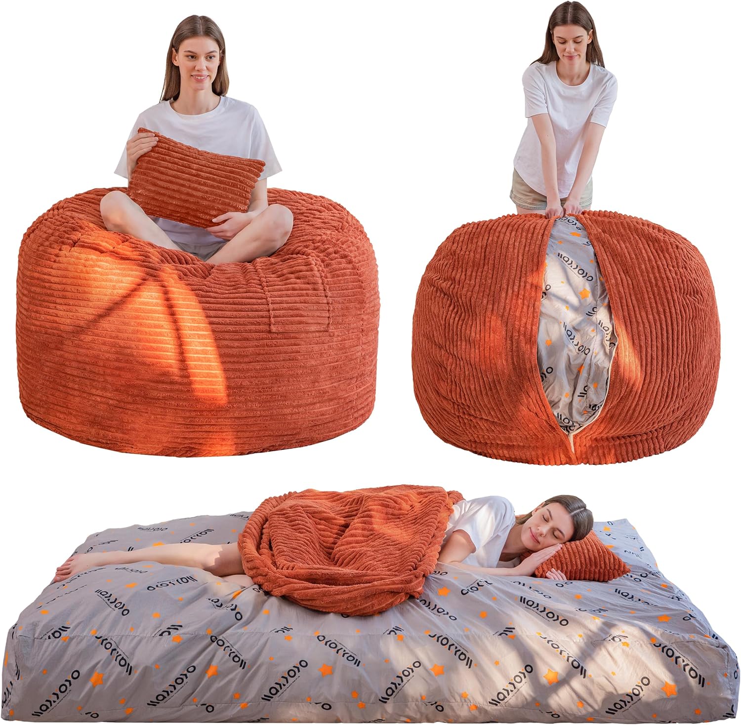 MAXYOYO Giant Bean Bag Chair Bed with Pillow, Convertible Beanbag Sofa to Floor Bed, Lazy Chair Couch with Removable Cover, High-Density Shredded Foam Filling, Cozy Lounge for Bedroom Living Room