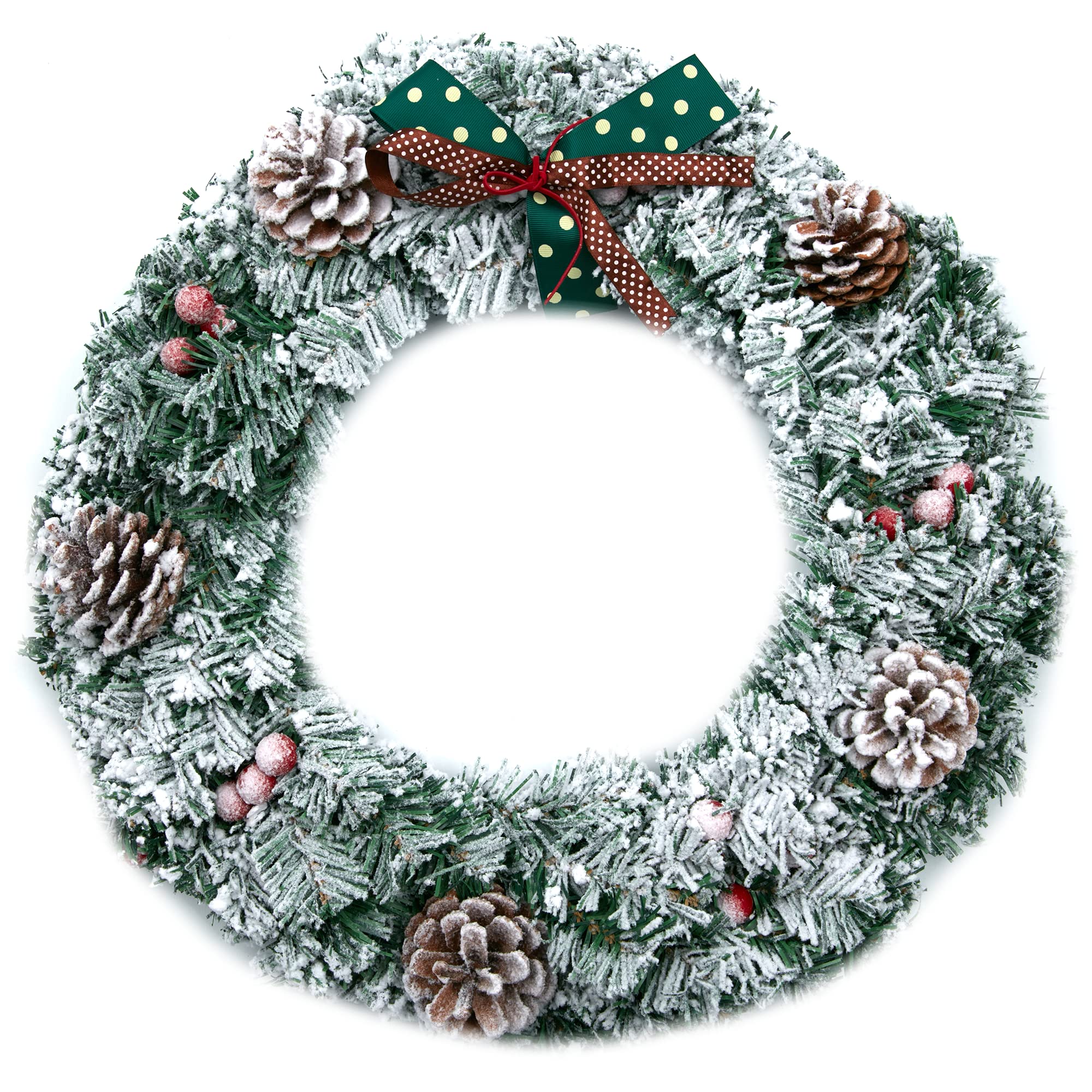 ZENO Christmas Wreath | Outdoor Christmas Decoration | 50cm Pinecone Wreath with Red Berries and Ribbon