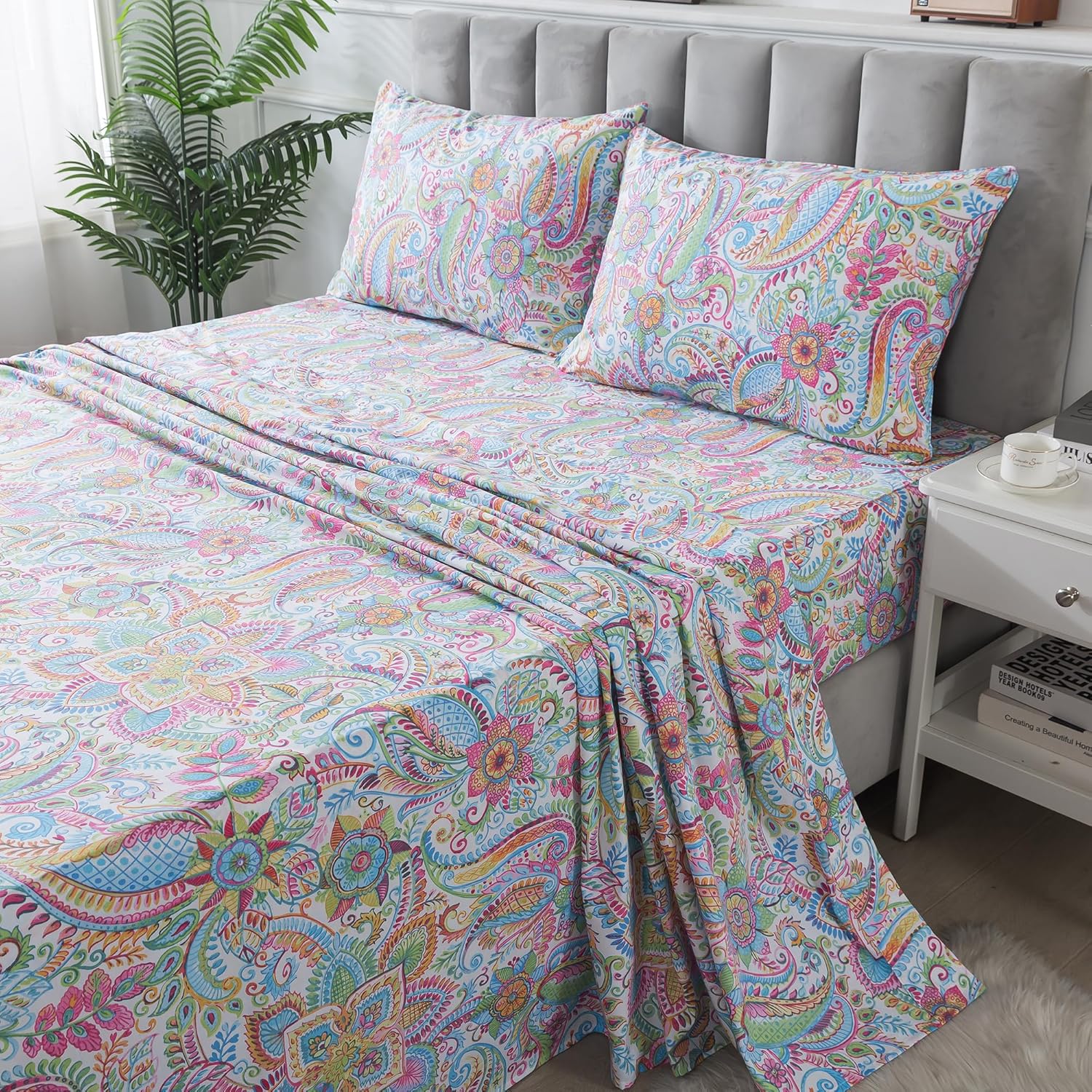 FADFAY Paisley Sheets Set Cal King Bohemian Damask Paisley Bedding Boho Pink Paisley Bed Sheet Set Breathable Cotton Ultra Soft 17.5'' Deep Pocket Fitted Sheet 4Pcs, California King Size