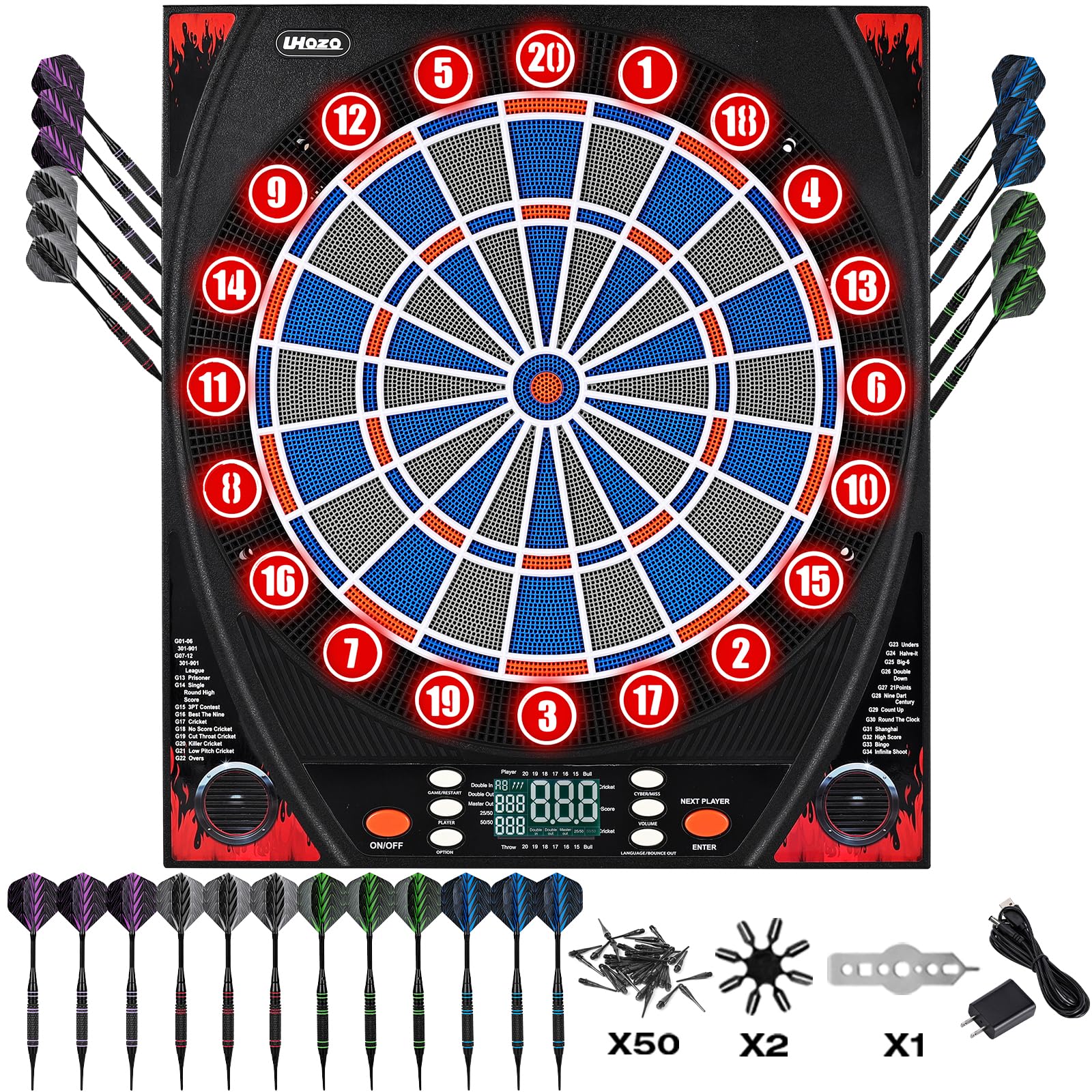 Elektronische Dartscheibe, elektrische Dartscheibe für Erwachsene, Zwei Lautsprecher mit automatischer Sprachansage, High-Definition-LCD-Display, inklusive 12 Soft-Tip-Darts