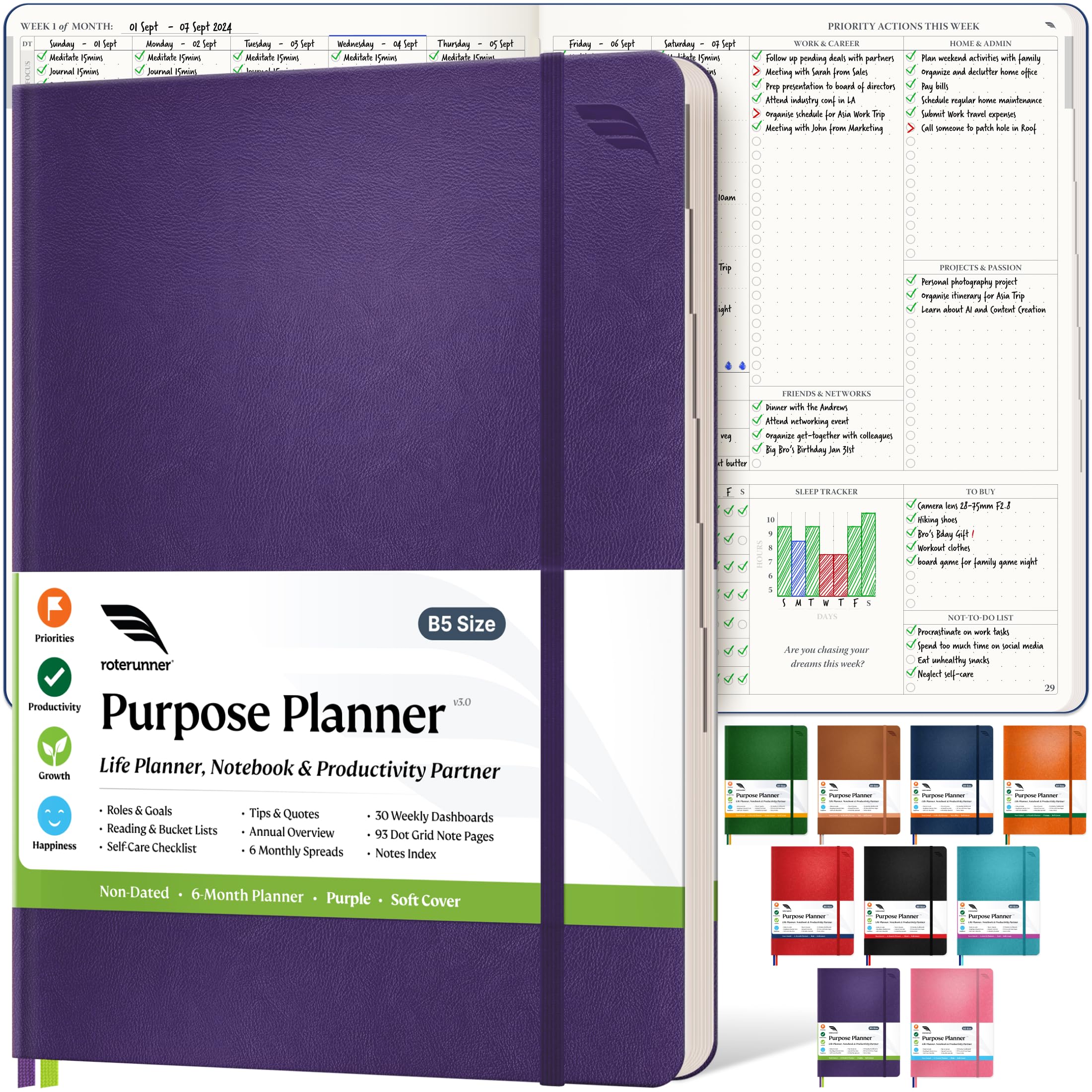 Purpose Planner B5 Undated Monthly Weekly Daily Productivity Journal 2024 Life Health Goal Setting Business Tool for Professionals Moms Academic Student Organizer Notebook (7.5”x9.8” Purple Softcover)