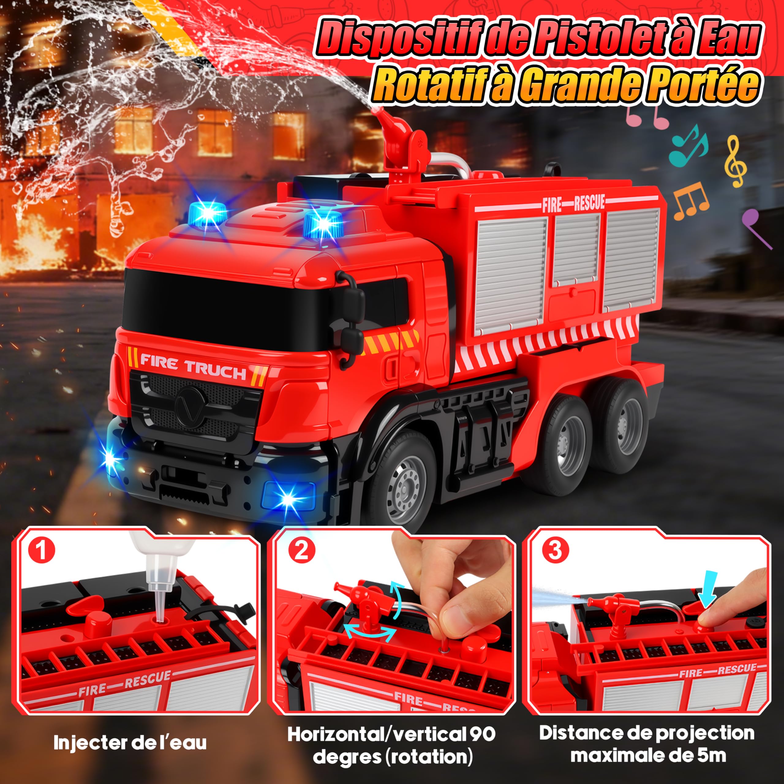 Charmofun Gros Camion Pompier avec Sonore et Lumineux, Voiture Pompiers Telecommande avec Pulvérisation d'eau, Robot Transformable Voiture Télécommandé Enfant, Cadeau Noël et Anniversaire Enfant