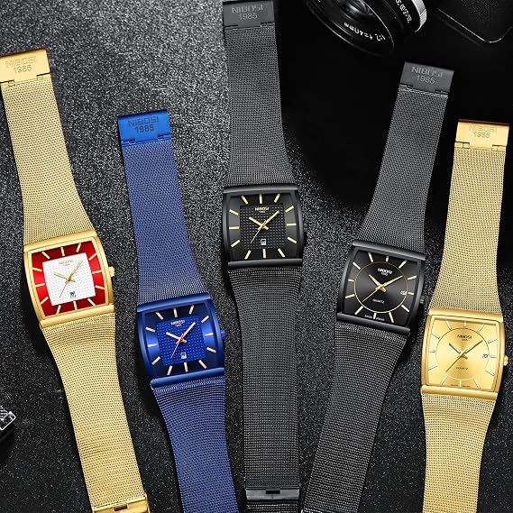 NIBOSI Men's Watch Analog Quartz Black Dial Mens Watch Business Waterproof Military Stainless Steel Gold Dress Watch Auto Date,Blue