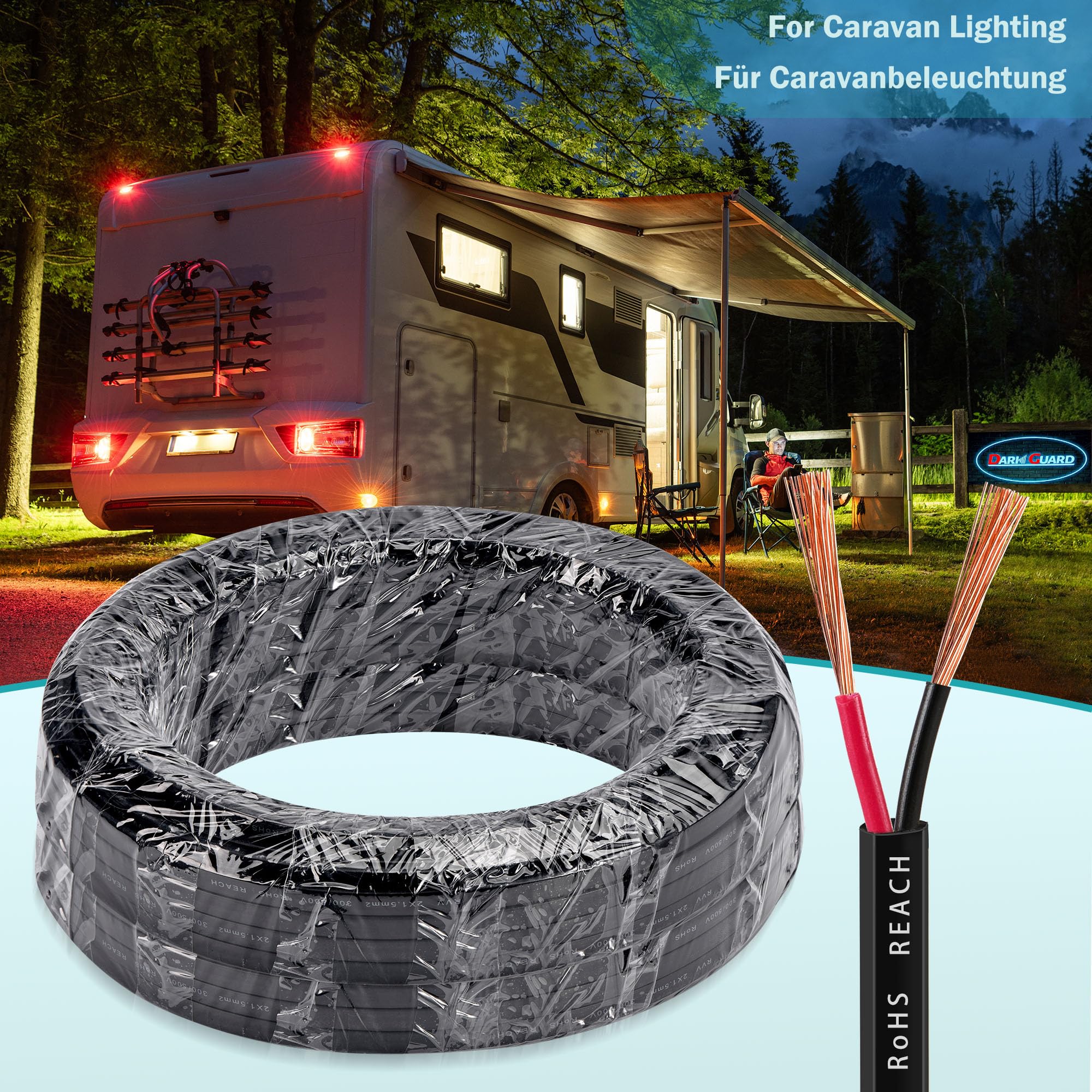 Cable de Remolque 2 Núcleos 1.5mm², 20M Cable Plano Eléctrico de Cobre 2 Polos 12V/24V, Alargador Flexible para Luces Led Remolque Caravana Camión, RoHS & REACH