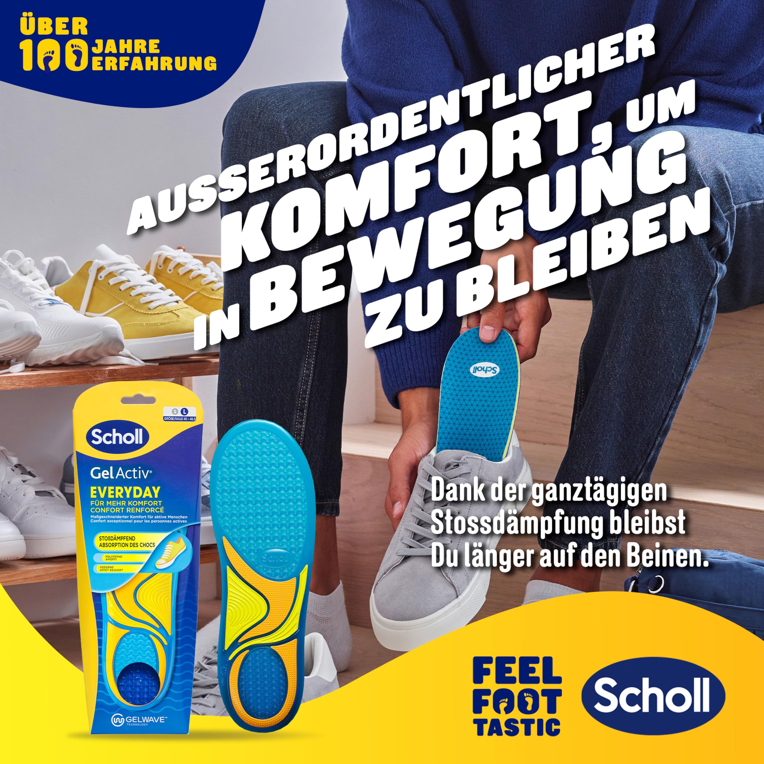 Scholl GelActiv Everyday wkładki dla mężczyzn, komfortowe stopy przez cały dzień, amortyzacja z pianki z pamięcią kształtu i technologia GelWave dopasowują się do stóp i zapewniają najwyższy komfort