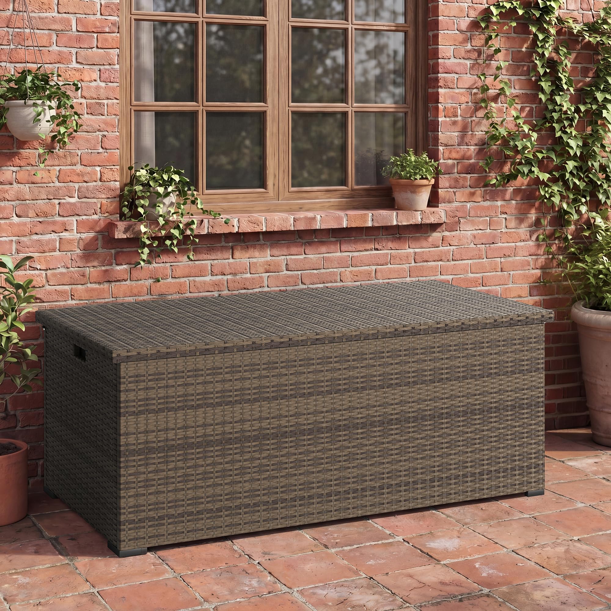 UDPATIO Gartenbox Wasserdicht 650L, Aufbewahrungsbox Garten XXL, Auflagenbox Wetterfest, Kissenbox Outdoor mit Deckel, Gasdruckfedern, ideal für Garten, Terrasse & Balkon | Braun