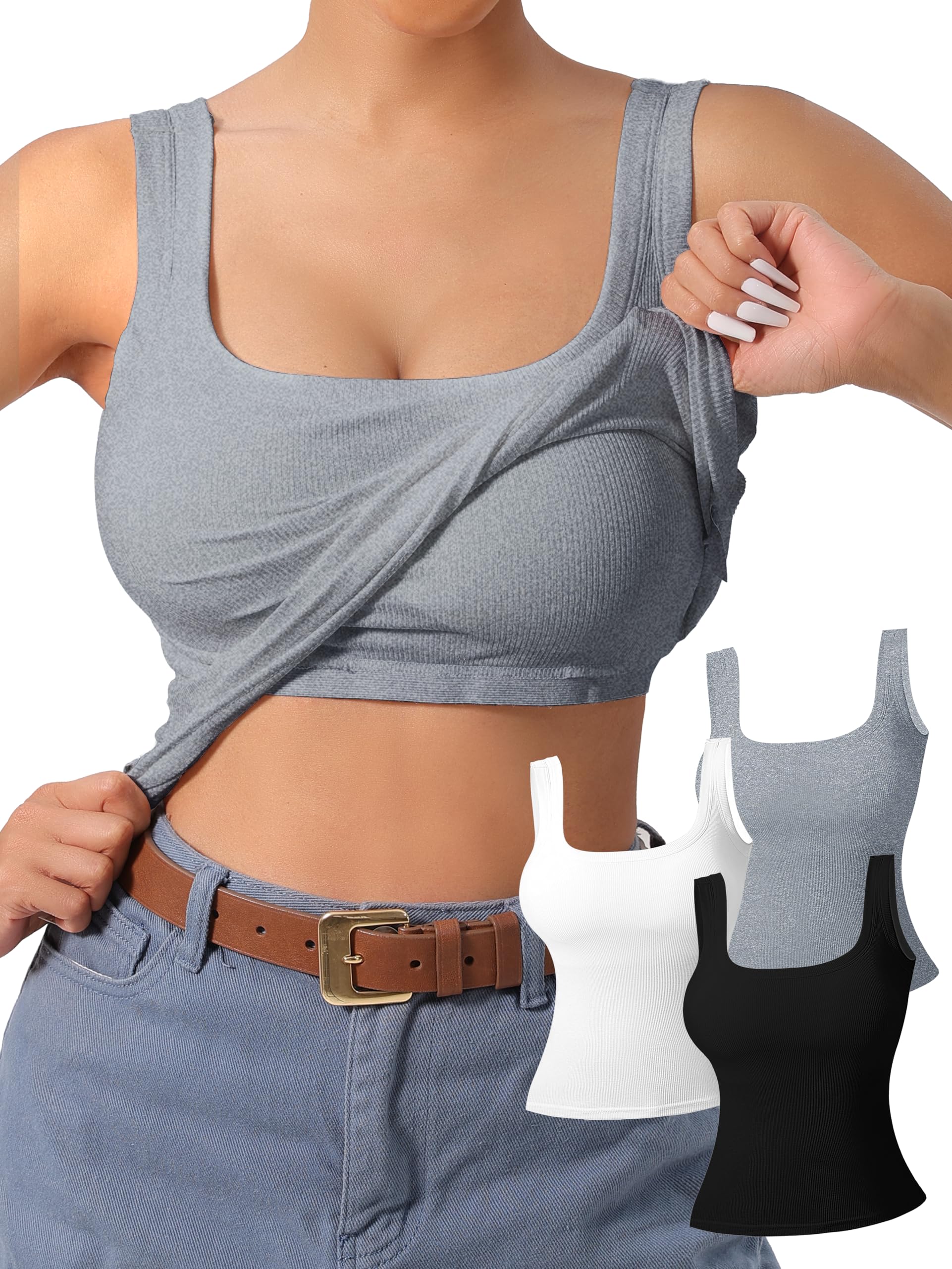Camiseta sin mangas con espalda en U para mujer, paquete de 3, brasier integrado, almohadillas extraíbles para gimnasio, yoga y exteriores, comodidad duradera