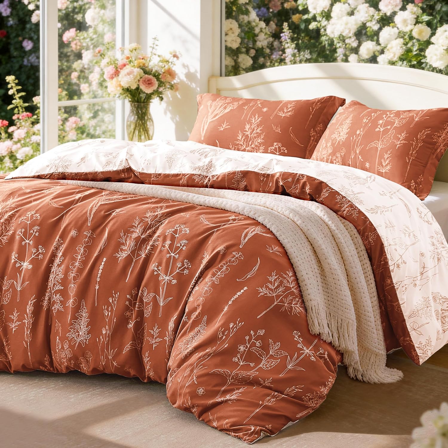 Love's cabin Terracotta Comforter Set Queen - Queen Size Comforter Set, 3 Pieces Cute Floral Bedding Sets for All Seasons,1 Soft Reversible Botanical Flowers Comforter and 2 Pillow Shams