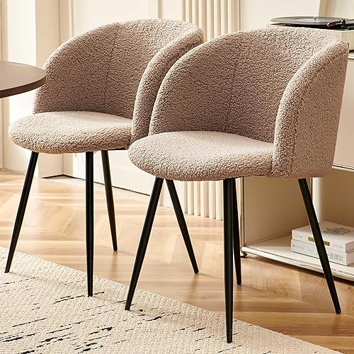 Acogedor juego de 2 sillones tapizados, sillas de sala de estar de piel sintética esponjosa con respaldo medio, silla de comedor de sherpa suave con