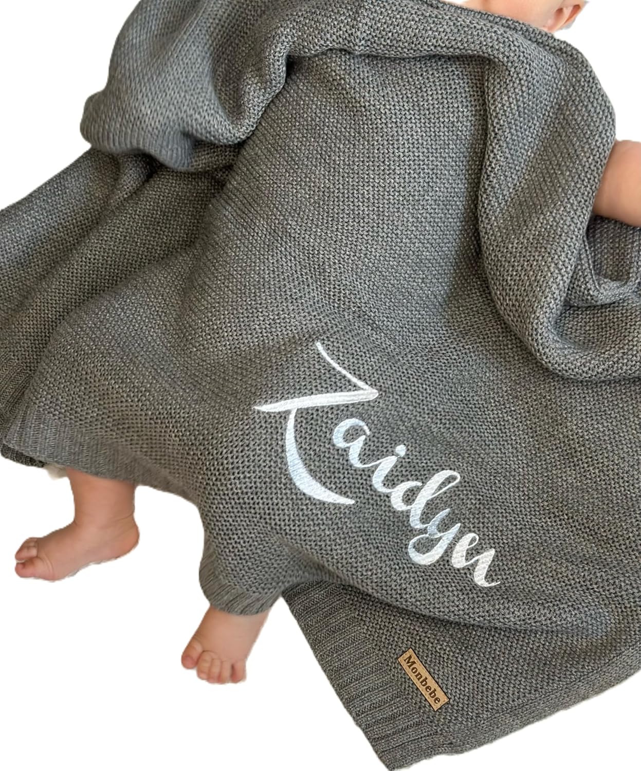 Monbebe Personalized Baby Blanket with Name | Custom Newborn Gift | Embroidered Infant Blanket | Soft Cotton Knit Swaddle | Monogrammed Baby Bedding | Boys and Girls Crib Throw (Grey)