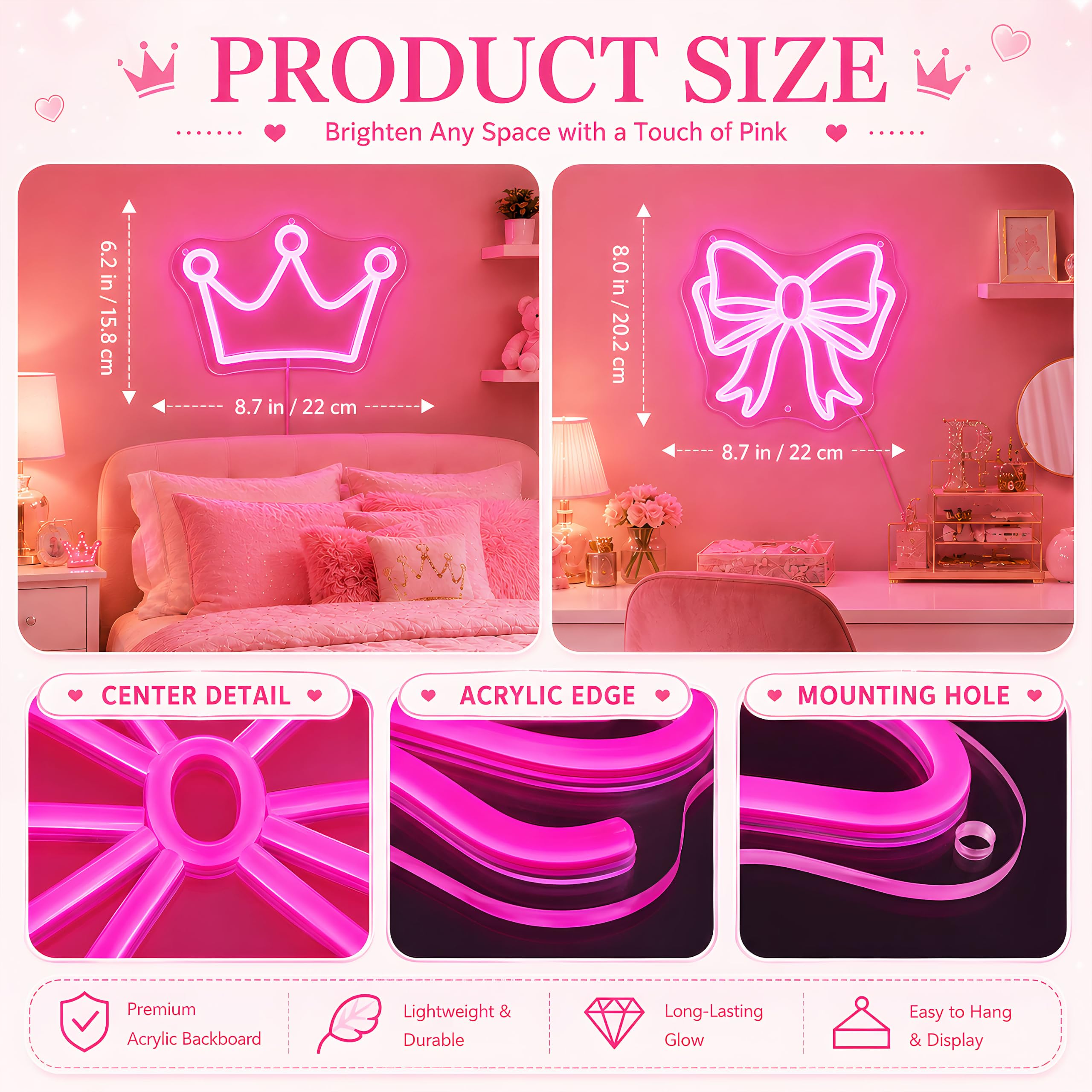 Confezione da 2 insegne al neon a forma di fiocco e corona, luce LED rosa per decorazione della camera da letto, alimentata tramite USB, dimmerabile, luce al neon per sala di bellezza, dormitorio