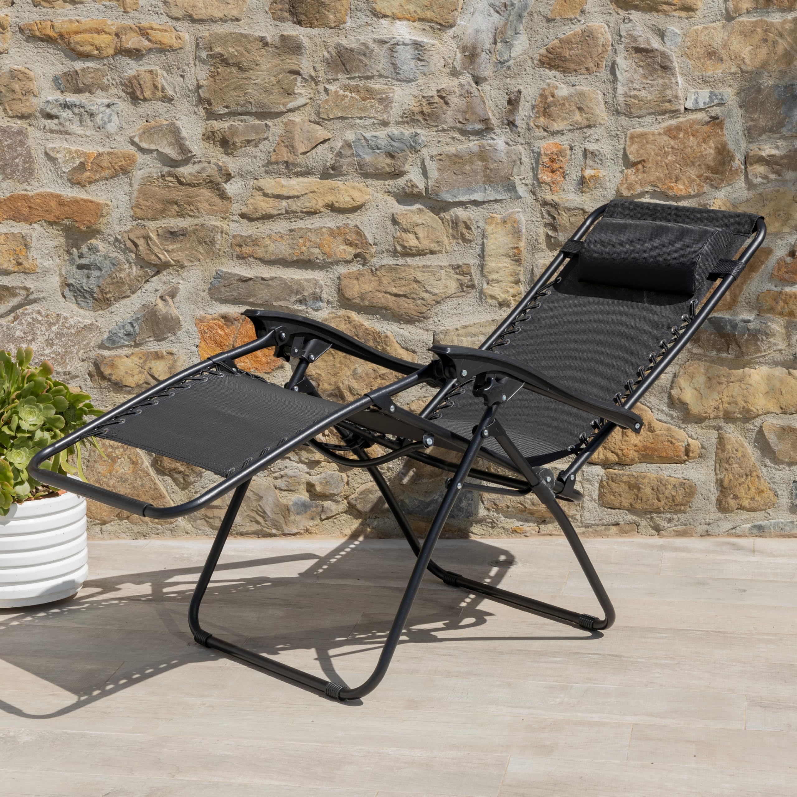 Baroni Home Sedia Sdraio Zero Gravity da Giardino, Chaise Longue Pieghevole da Esterno, Sdraio Salvaspazio per Piscina e Terrazzo, Poltrona Relax, 165x65x93 cm Nero