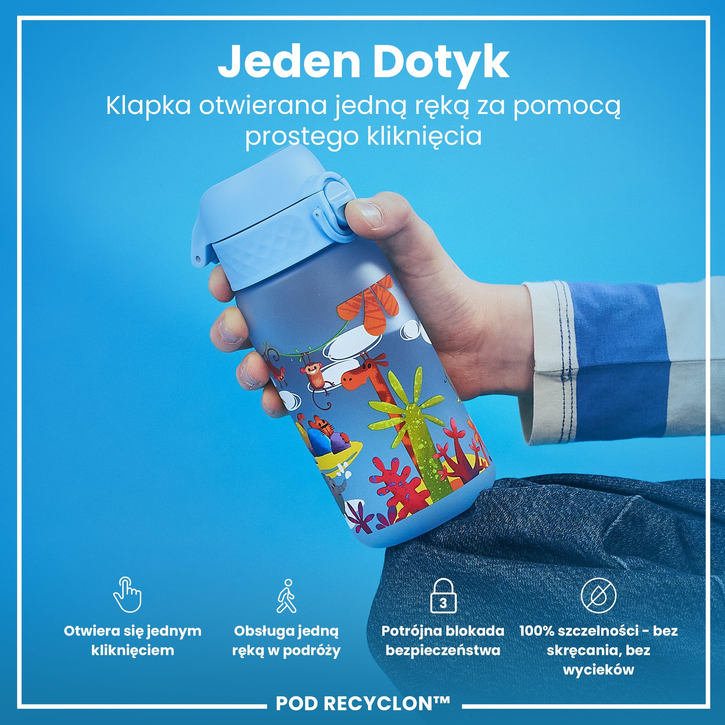 ION8 Butelka dla Dzieci, 350 ml/12 oz, Szczelna, Łatwa do Otwarcia, Bezpieczny Zamek, Można Myć w Zmywarce, Bez BPA, Uchwyt do Przenoszenia, Łatwa do Czyszczenia, Bezwonny, Safari