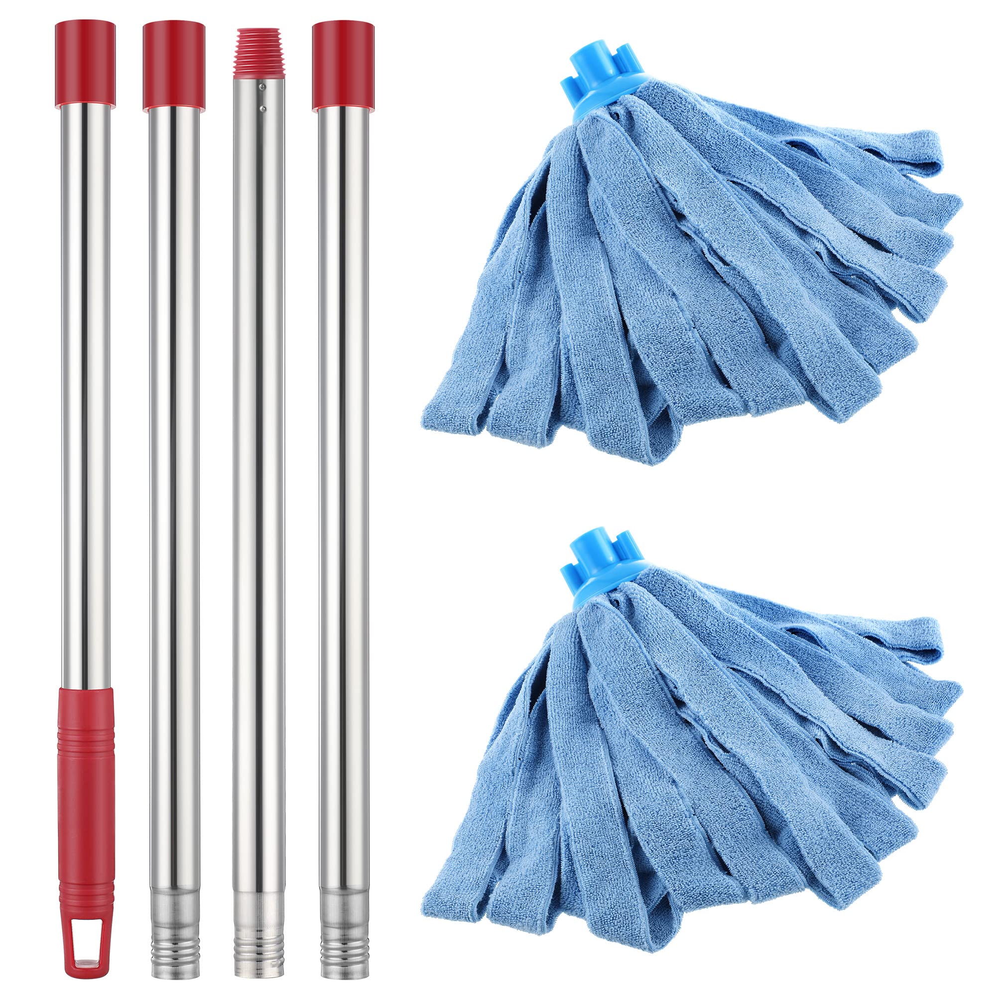 Dreyoo Spin Mop Replacement Handle with 2 Microfiber Mop Heads, 4 Section 32" to 56" Stainless Steel Mop Replacement Head Handle with Microfiber Cloth Wet Mop for Floor Cleaning (1 Handle 2 Mop Heads)