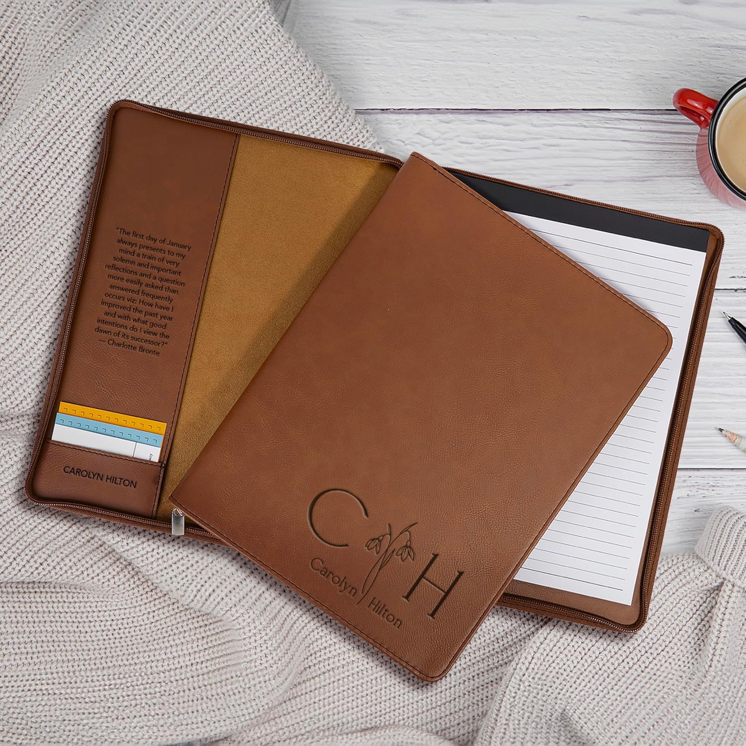 Personalized Birth Month Flower Padfolio for Women, Custom Engraved Leather Portfolio for Her, 7 Colors - A4 or A5 Sizes, Personalized Gifts for Women, College Students, Birthday Gifts for Women