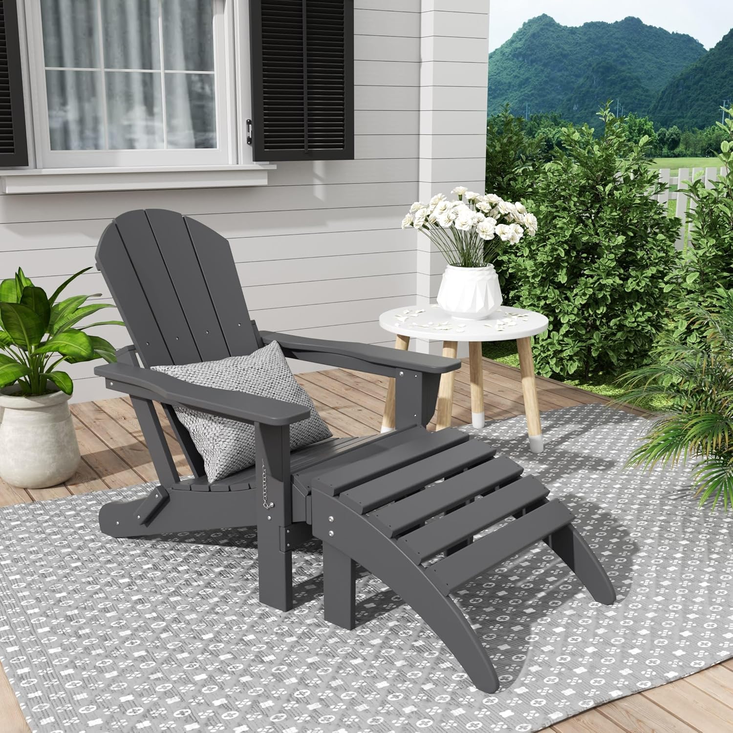 WestinTrends Malibu Outdoor Lounge Chair, 2-Pieces Adirondack Chair Set with Ottoman, All Weather Poly Lumber Patio Lawn Folding Chairs for Outside Pool Garden Backyard Beach, Gray