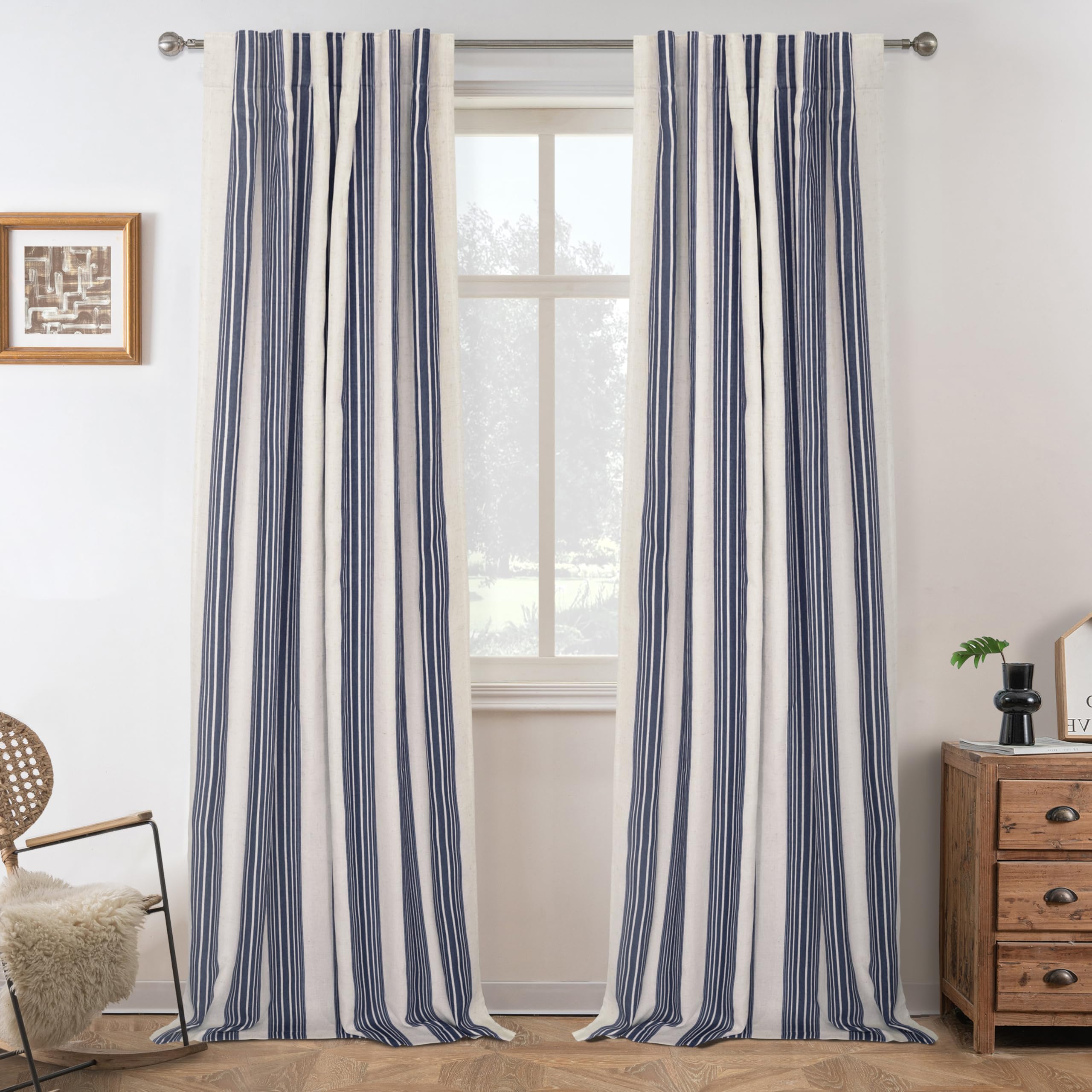 DriftAway Chris Linen Blackout Curtains with Thermal and Sound Reducing Layer 108 Inches Long for Bedroom Striped Printed Drape Thermal Insulated